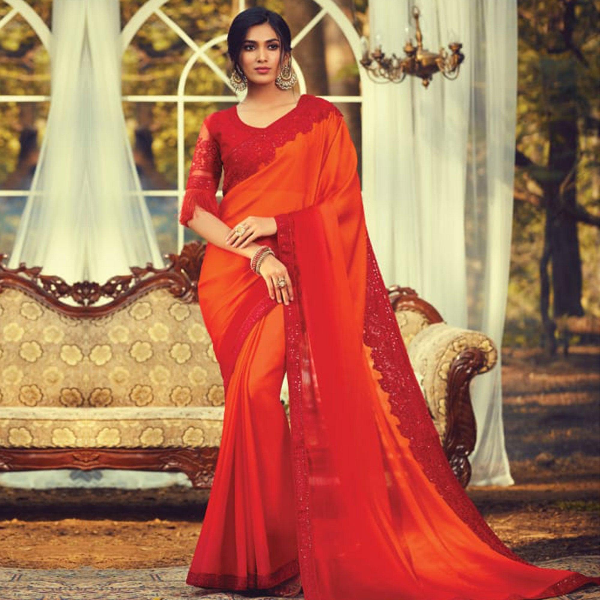 Entrancing Orange Colored Partywear Embroidered Silk Saree - Peachmode