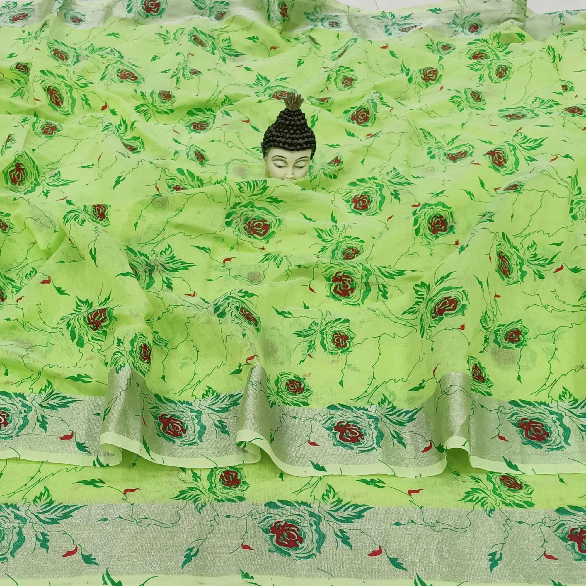 Entrancing Parrot Green Colored Casual Wear Floral Block Printed Cotton Linen Saree - Peachmode
