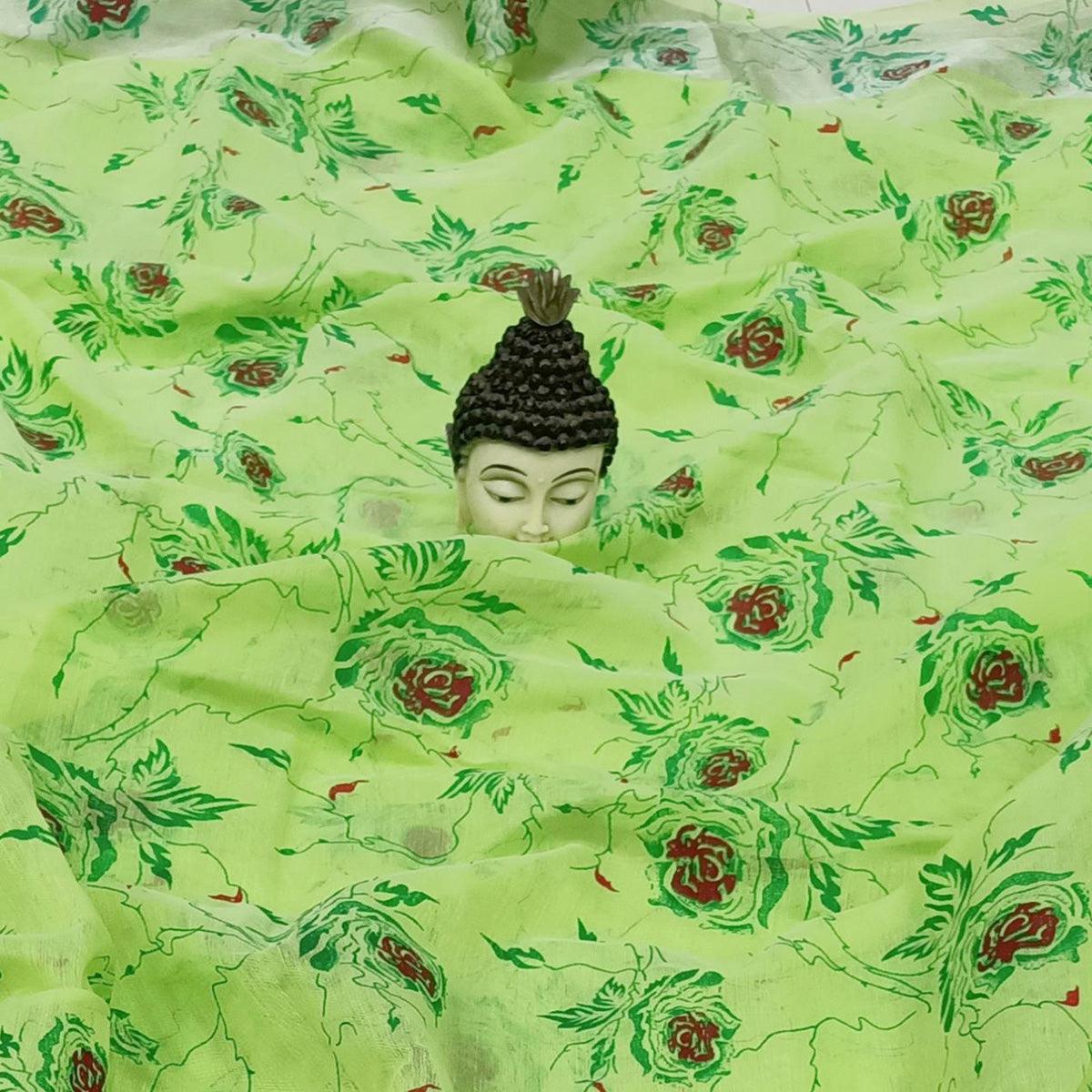 Entrancing Parrot Green Colored Casual Wear Floral Block Printed Cotton Linen Saree - Peachmode