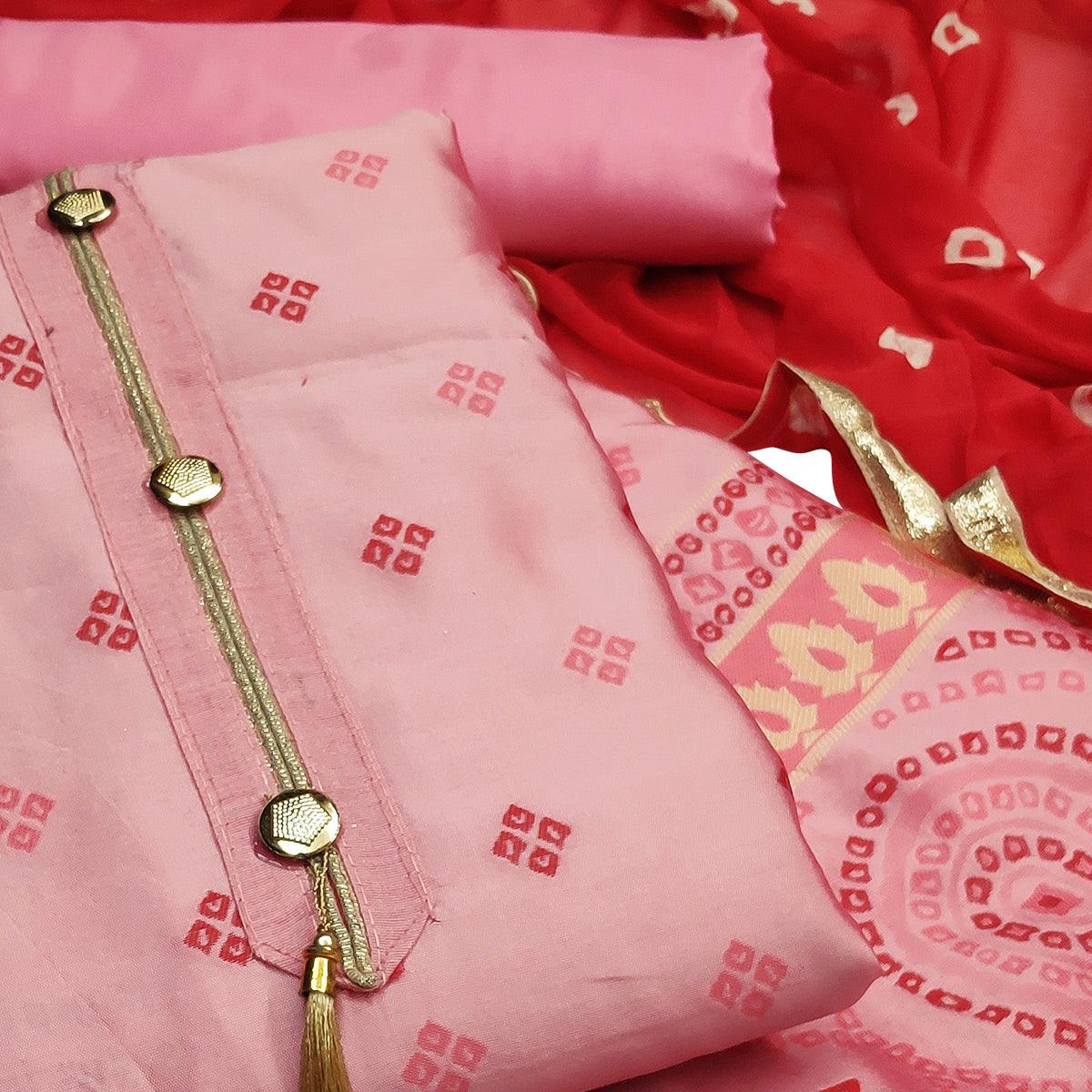 Entrancing Pink Colored Festive Wear Woven Heavy Banarasi Silk Dress Material - Peachmode