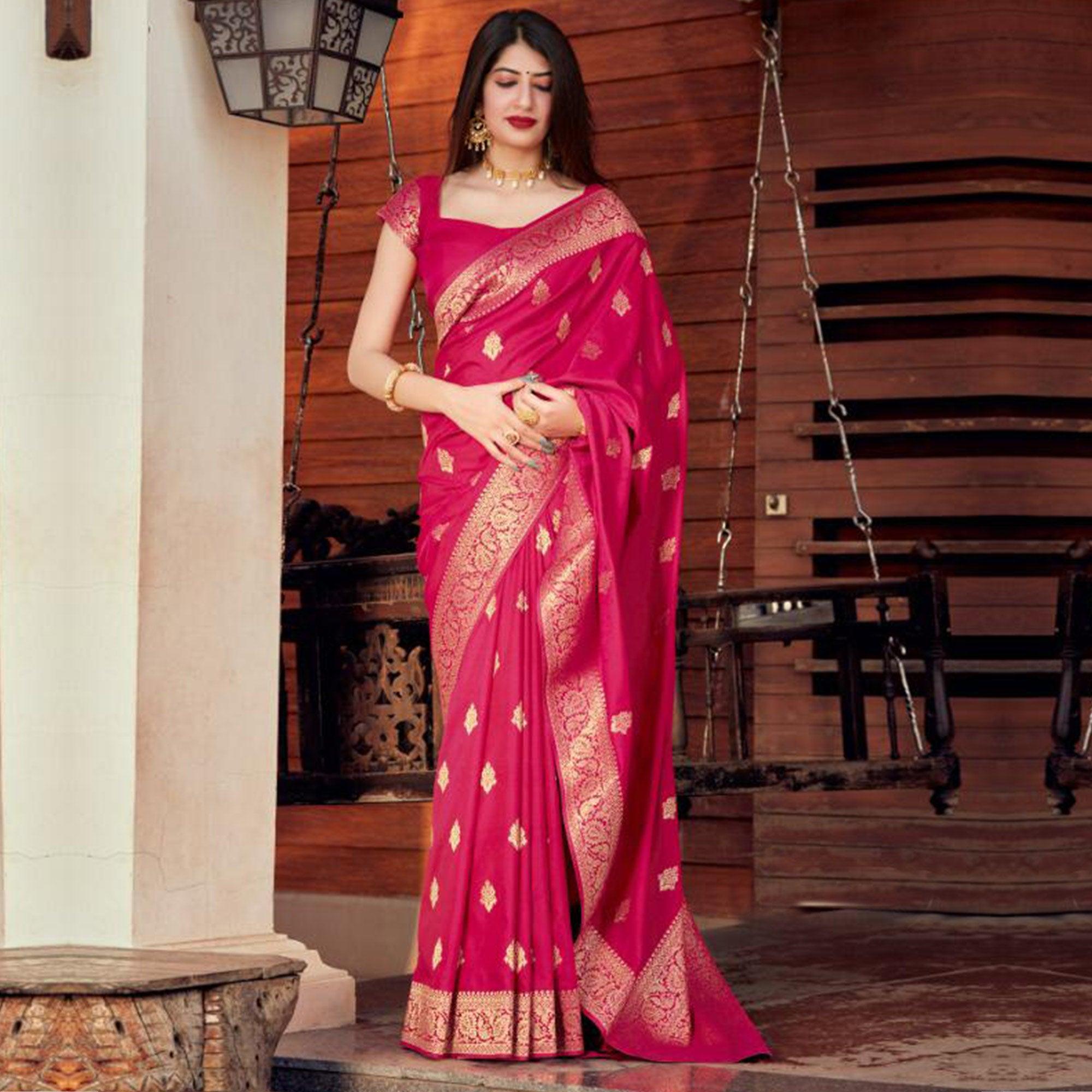 Entrancing Pink Coloured Partywear Woven Silk Saree - Peachmode