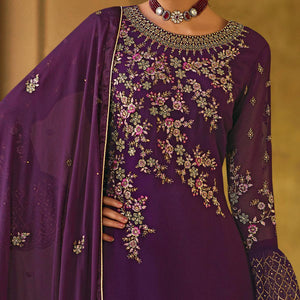 Entrancing Purple Coloured Partywear Embroidered Pure Georgette Palazzo Suit - Peachmode