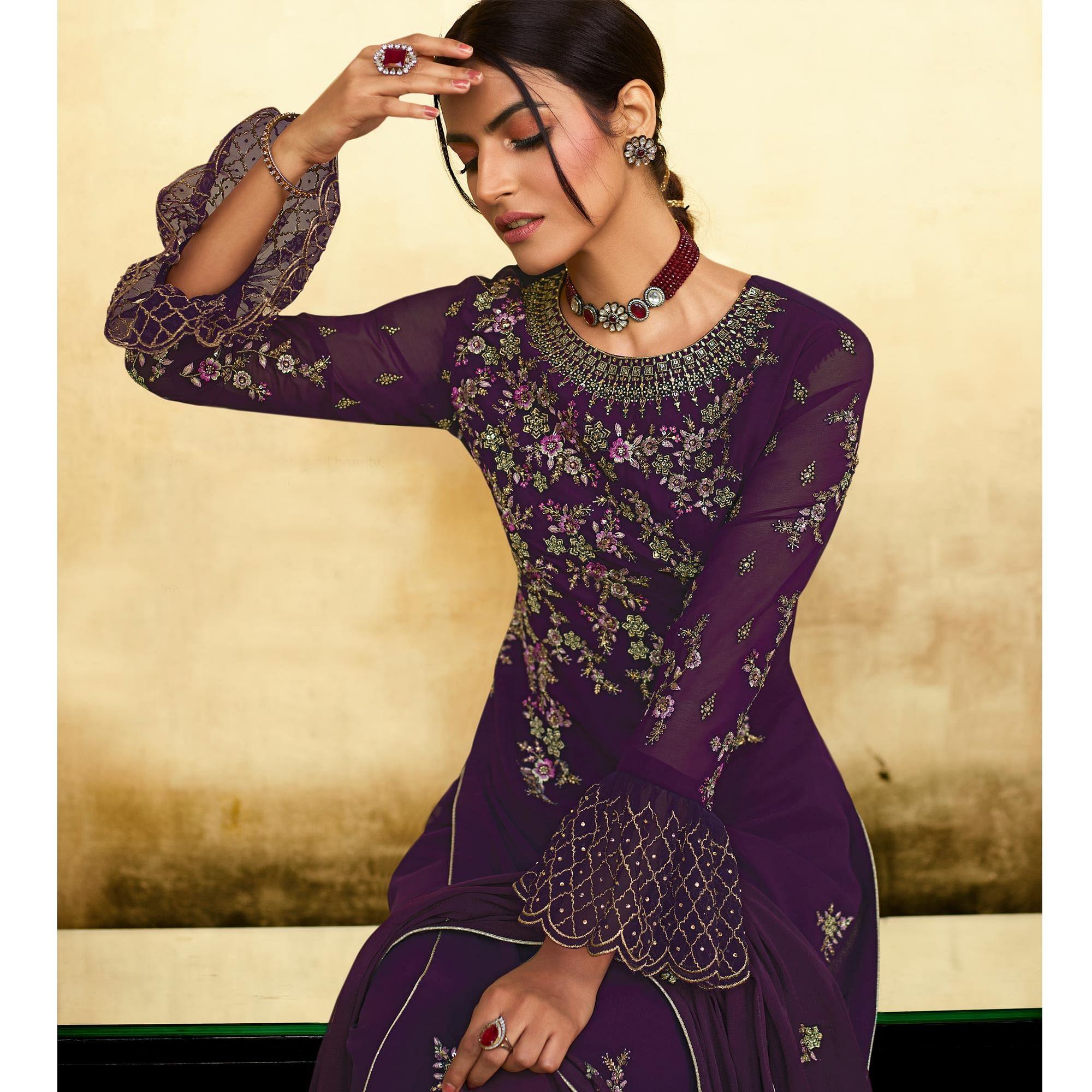 Entrancing Purple Coloured Partywear Embroidered Pure Georgette Palazzo Suit - Peachmode