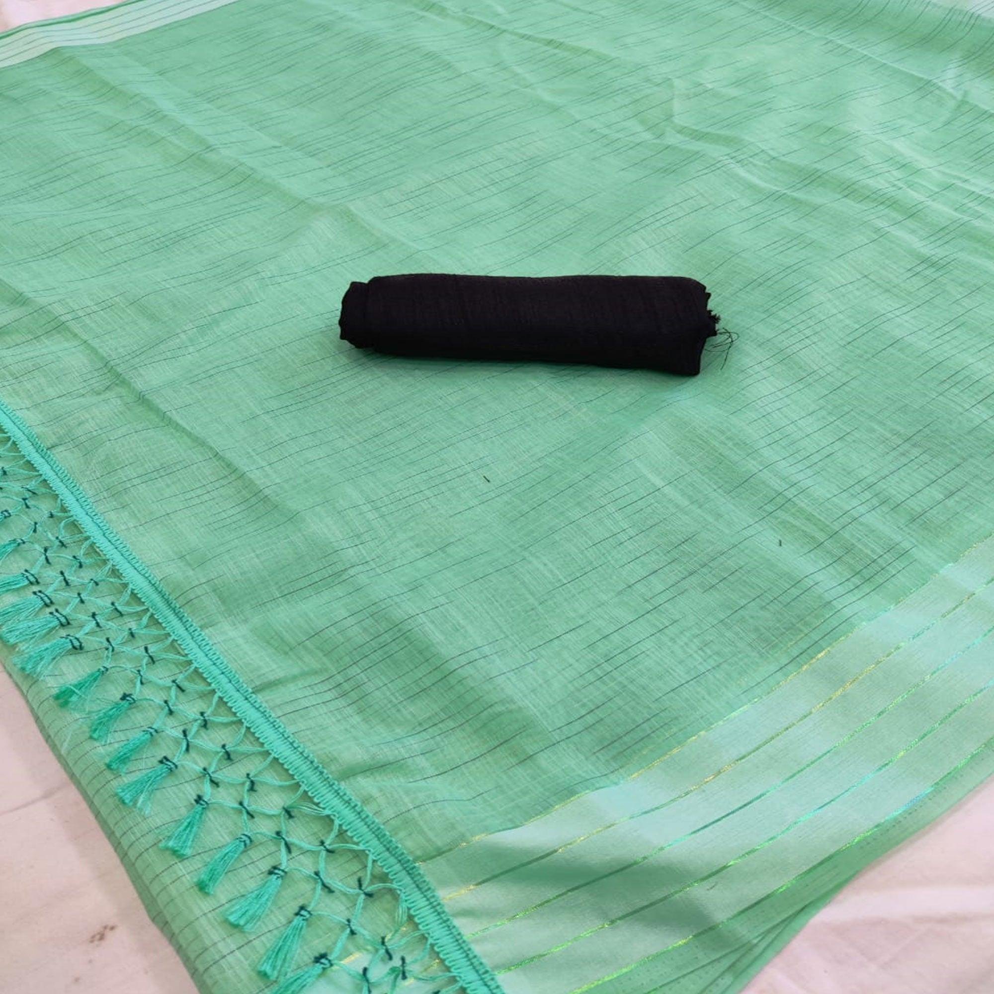 Entrancing Rama Colored Casual Wear Solid Cotton Saree - Peachmode