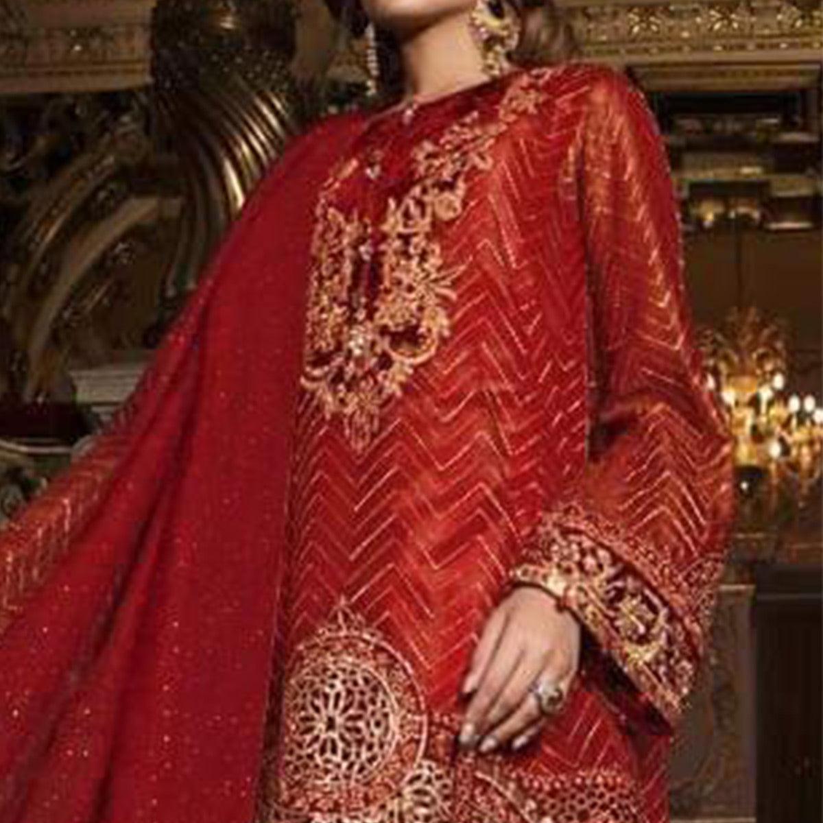 Entrancing Red Colored Partywear Embroidered Organza Palazzo Suit - Peachmode