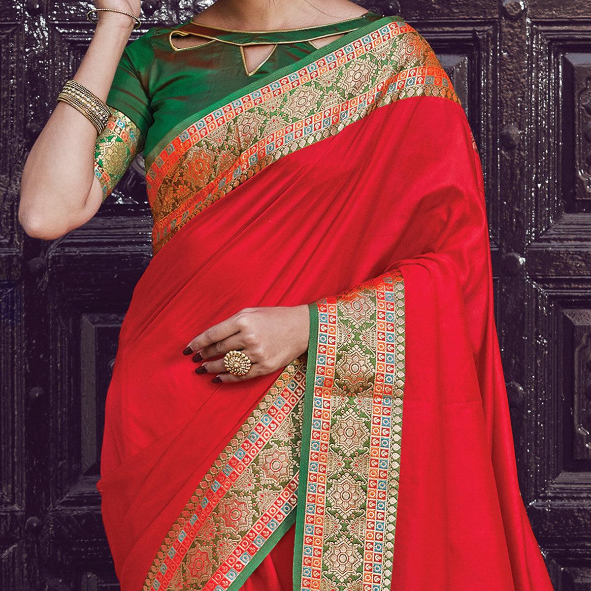 Entrancing Red Coloured Partywear Woven Silk Saree - Peachmode