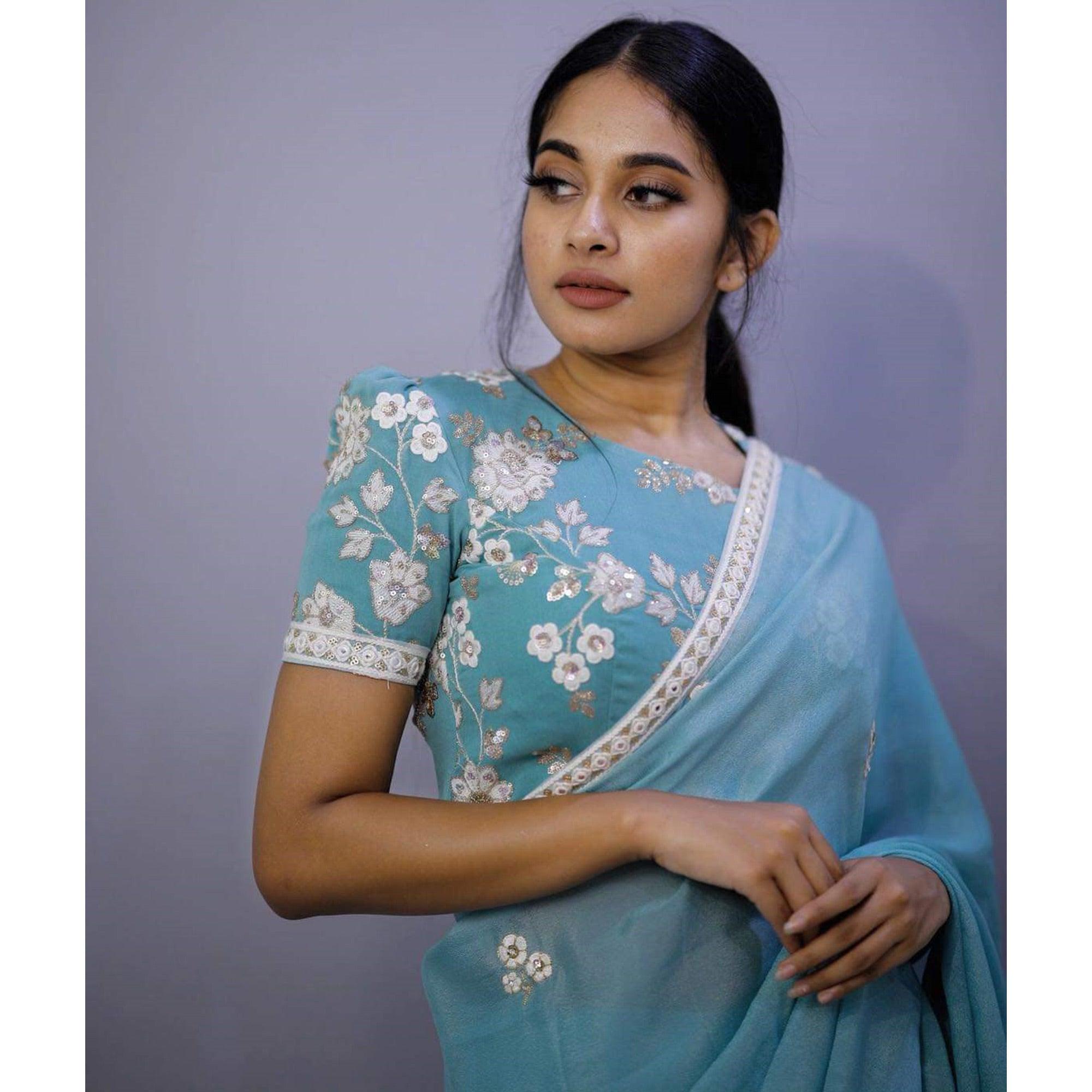Entrancing Sky Blue Colored Partywear Embroidered Pure Heavy Rangoli Saree - Peachmode