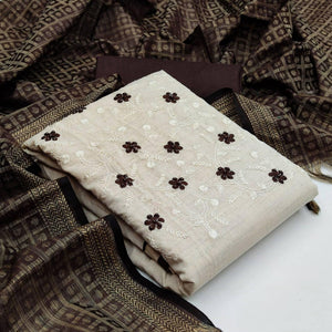 Entrancing White - Coffee Brown Colored Casual Wear Embroidered Poly Cotton Dress Material - Peachmode