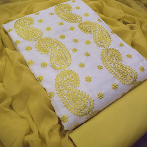 Entrancing White - Yellow Colored Casual Wear Embroidered Modal Chanderi Dress Material - Peachmode