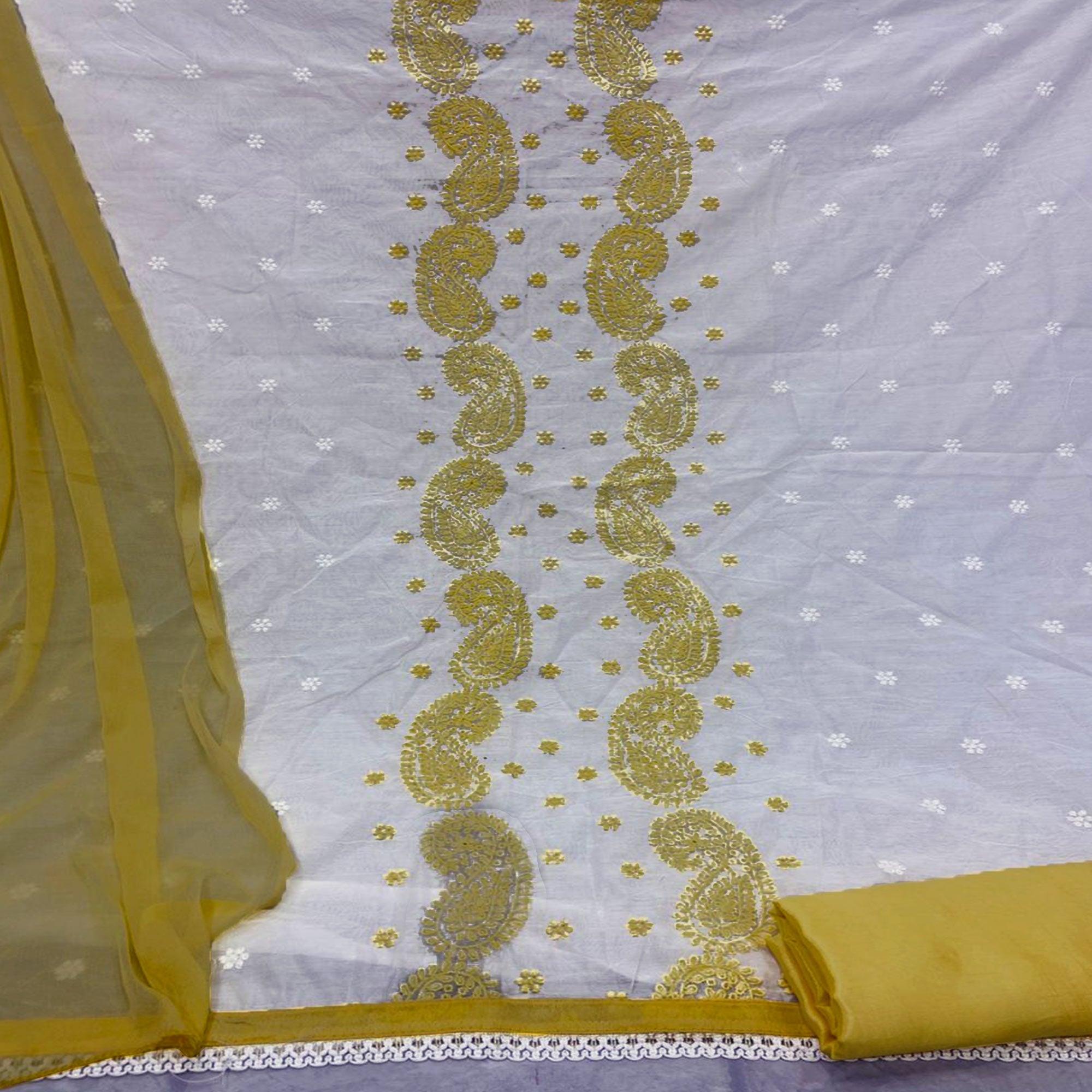 Entrancing White - Yellow Colored Casual Wear Embroidered Modal Chanderi Dress Material - Peachmode