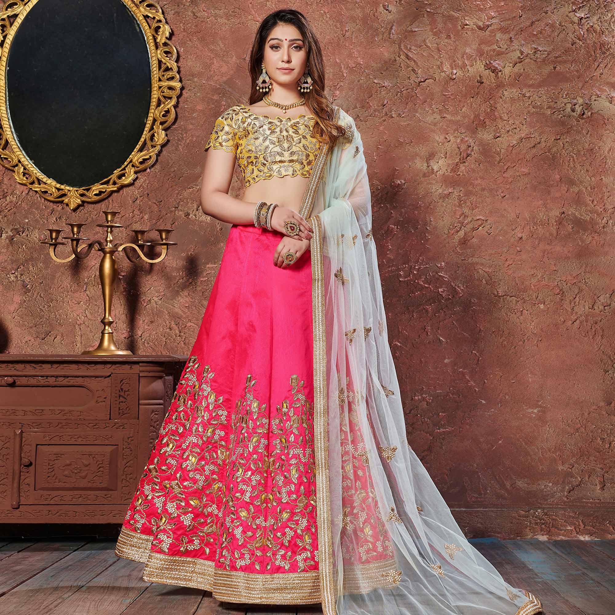 Entrancing Yellow-Pink Colored Wedding Wear Embroidered Mulberry Silk Lehenga Choli - Peachmode