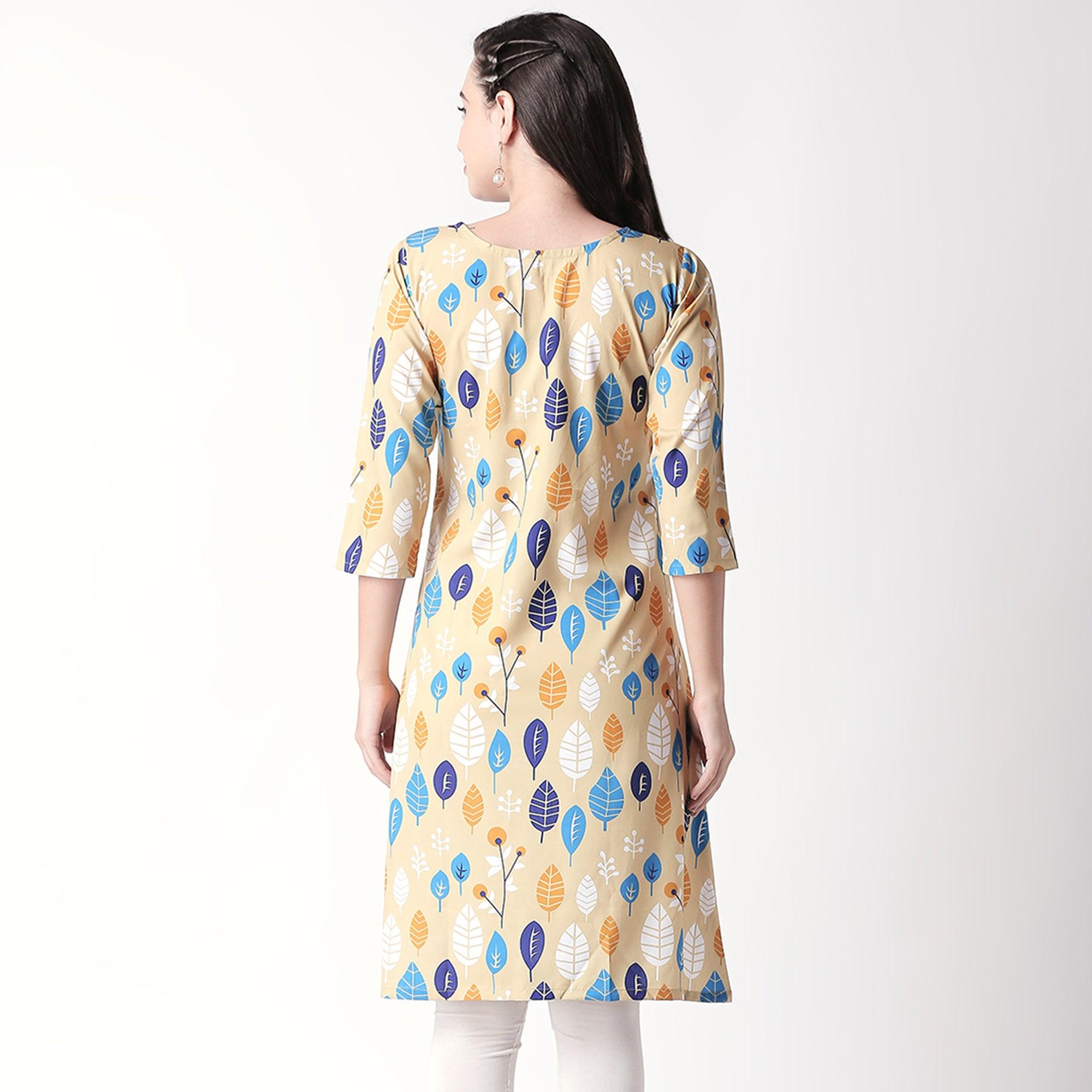 Ethnic Beige Colored Casual Wear Printed Crepe Kurti - Peachmode