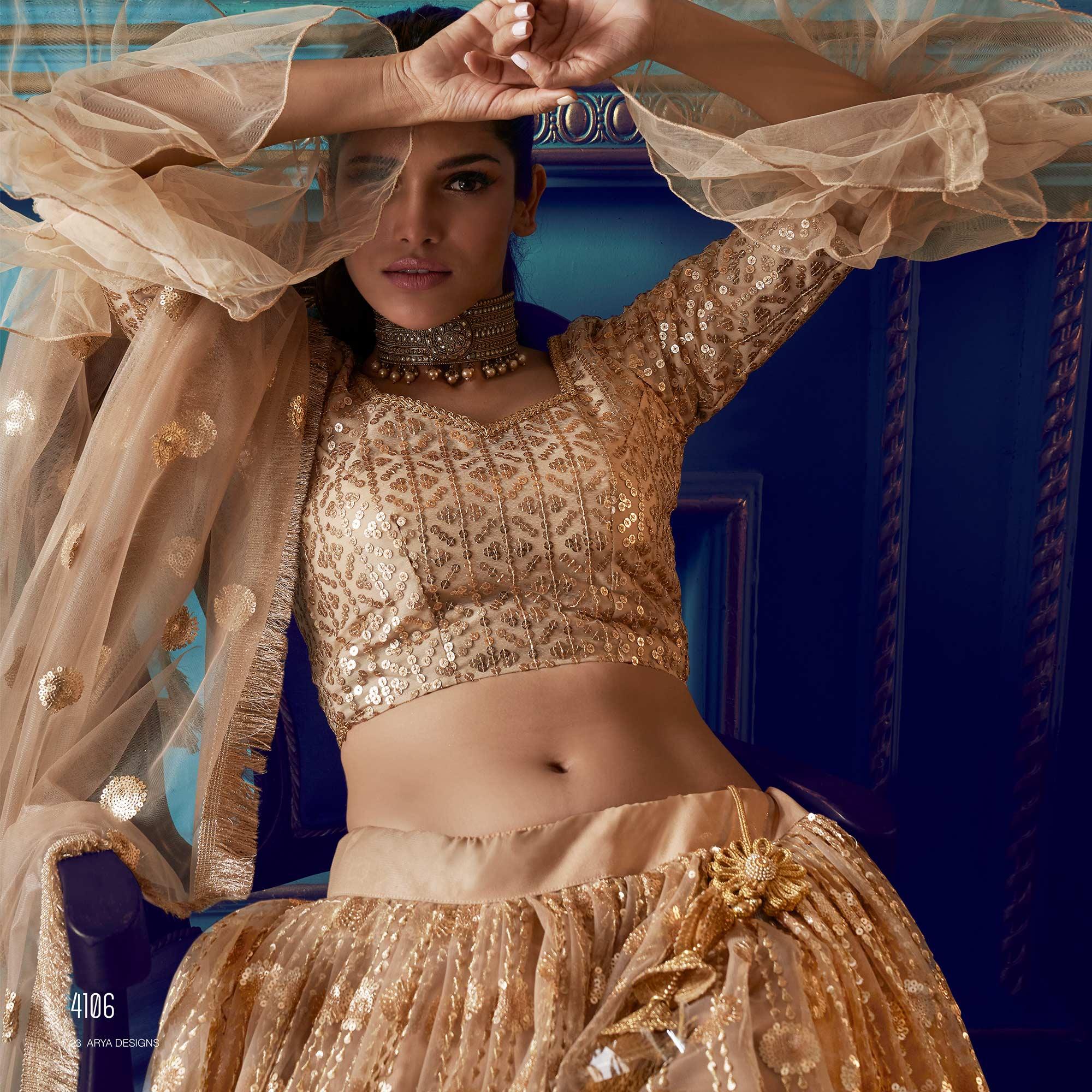 Ethnic Beige Colored Partywear Embroidered Soft Net Lehenga Choli - Peachmode