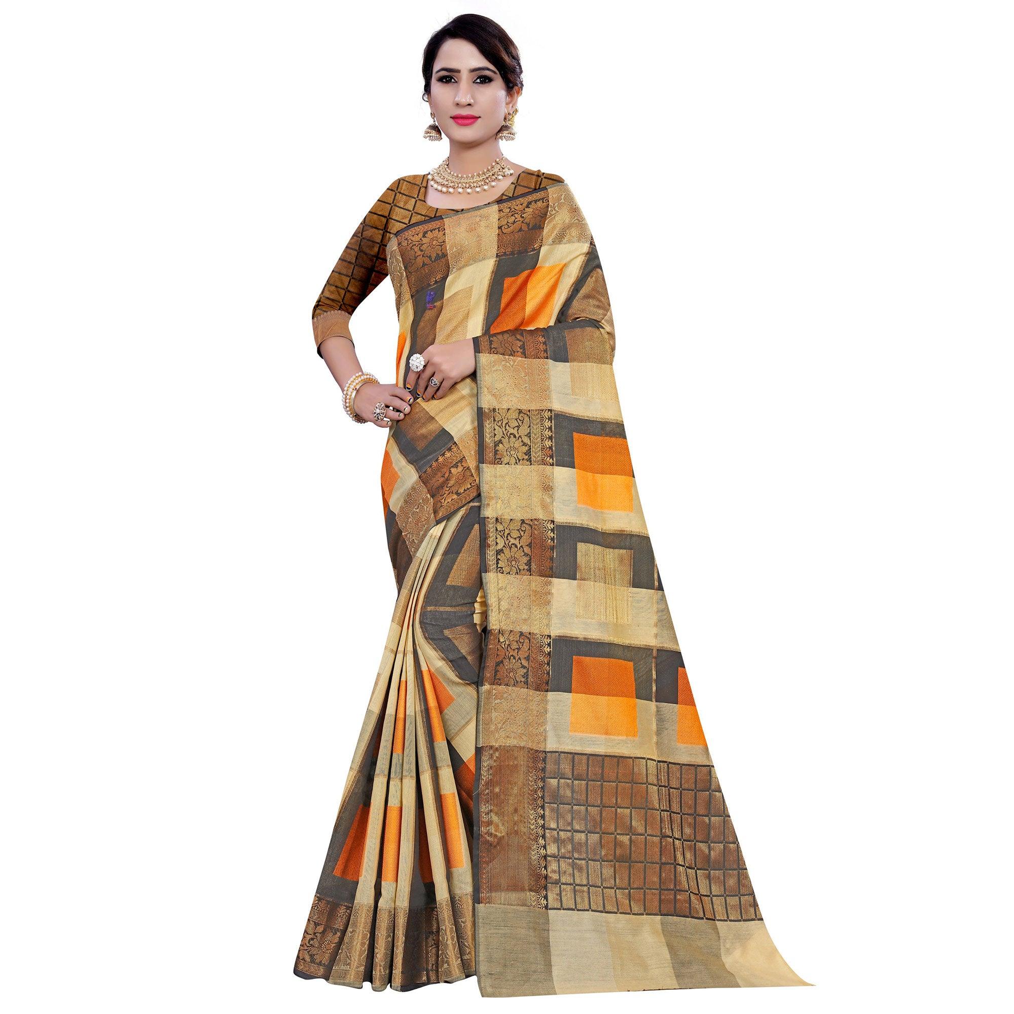 Ethnic Beige-Orange Colored Casual Printed Pure Cotton Jacquard Saree - Peachmode