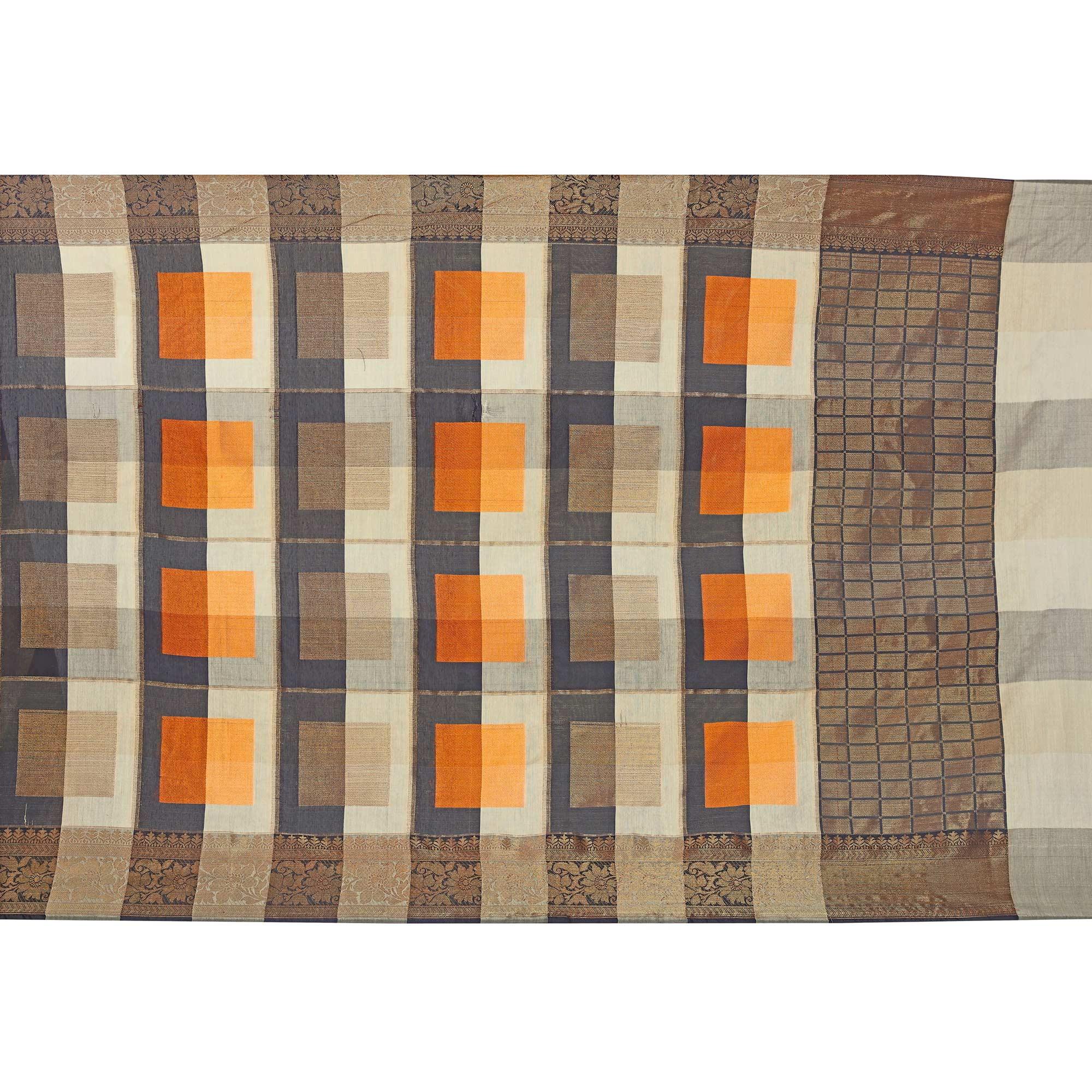 Ethnic Beige-Orange Colored Casual Printed Pure Cotton Jacquard Saree - Peachmode