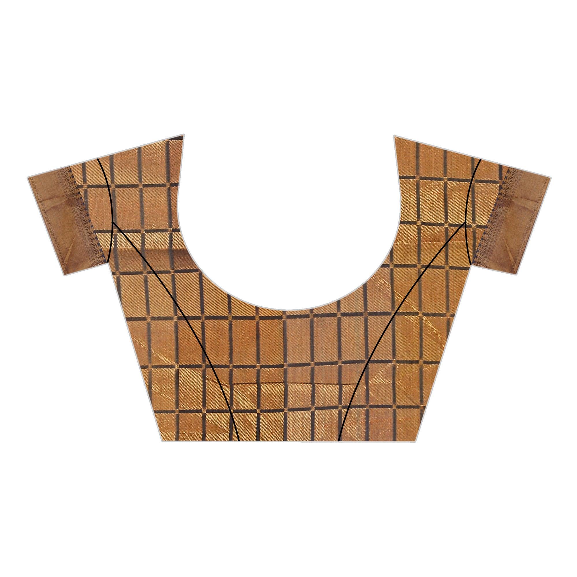 Ethnic Beige-Orange Colored Casual Printed Pure Cotton Jacquard Saree - Peachmode