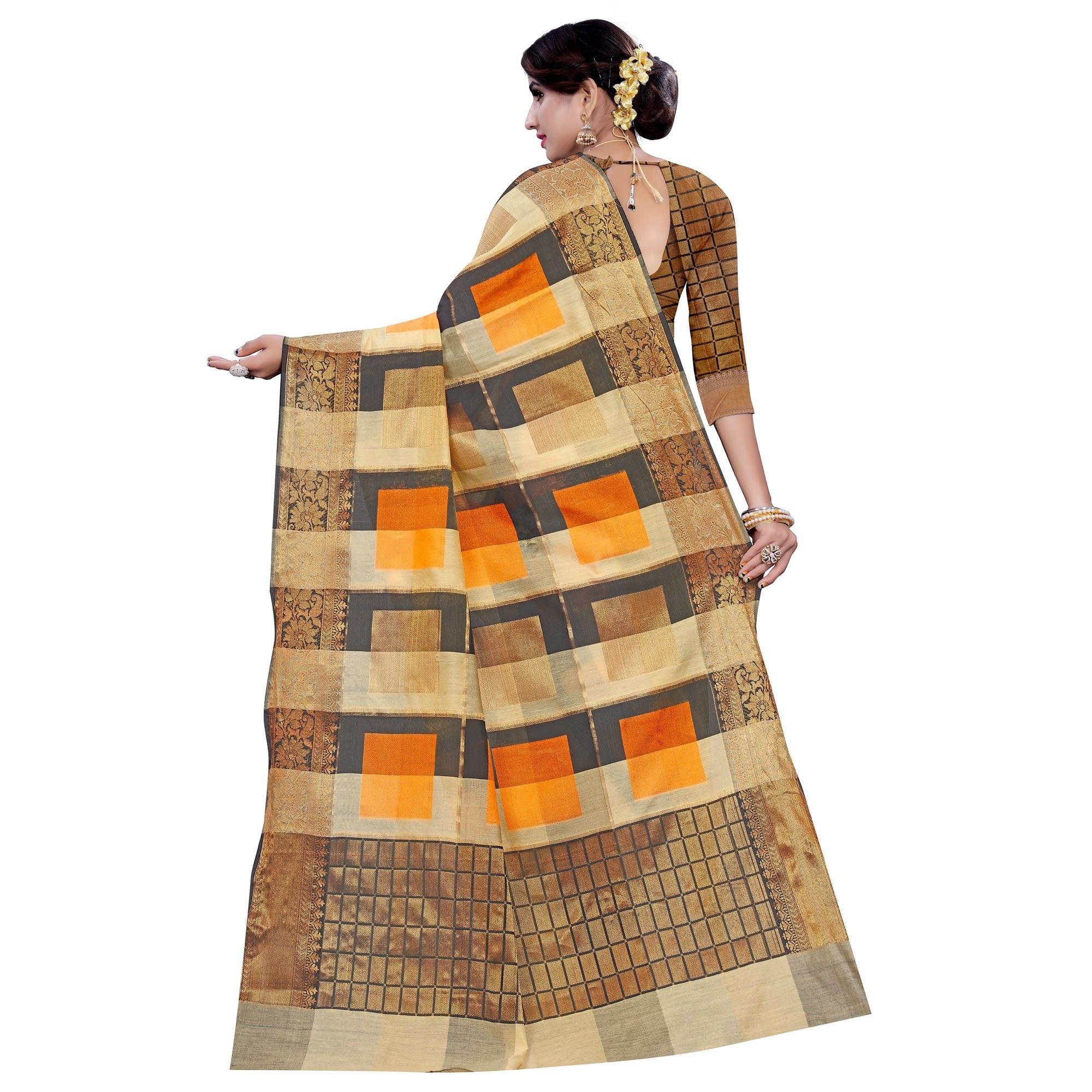 Ethnic Beige-Orange Colored Casual Printed Pure Cotton Jacquard Saree - Peachmode