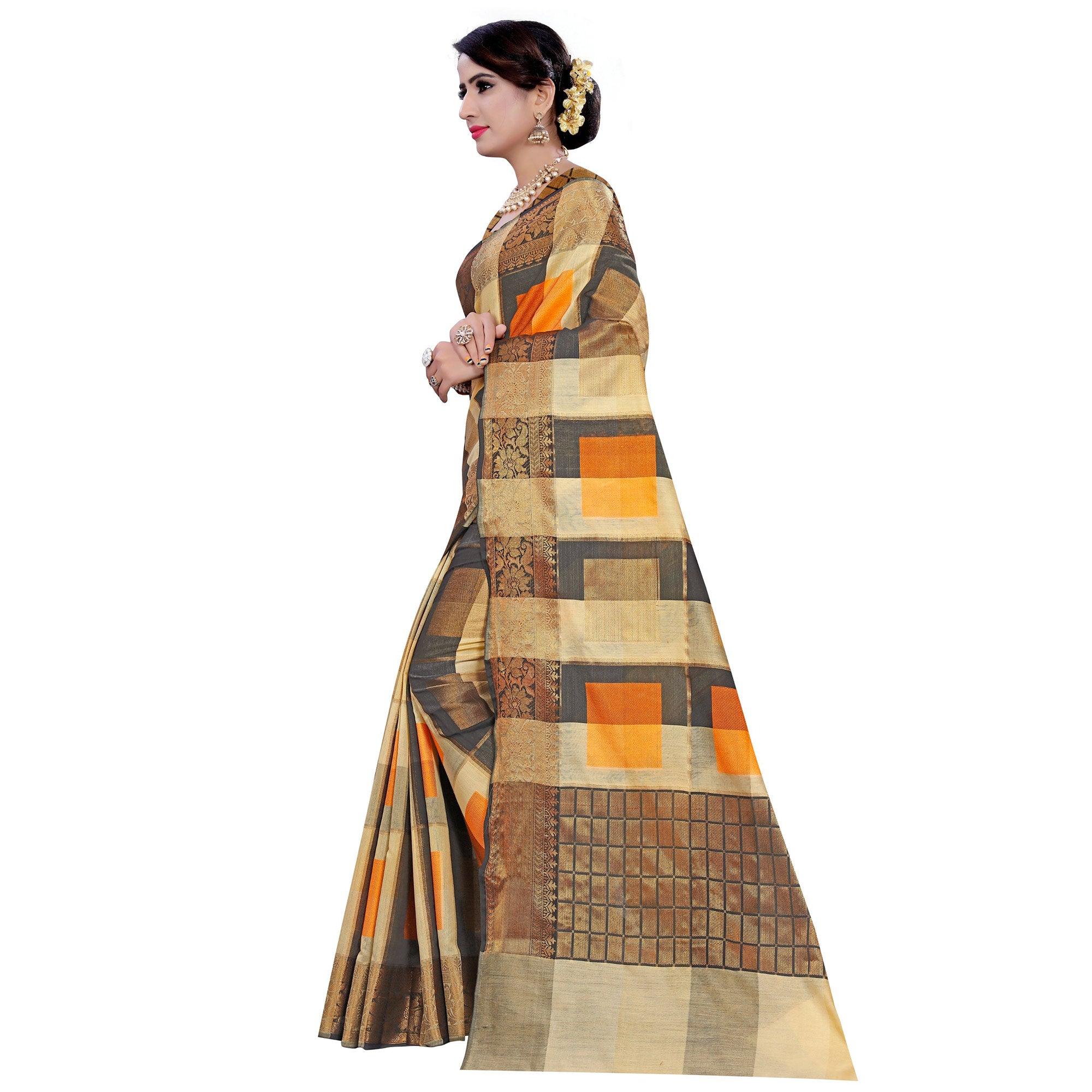 Ethnic Beige-Orange Colored Casual Printed Pure Cotton Jacquard Saree - Peachmode