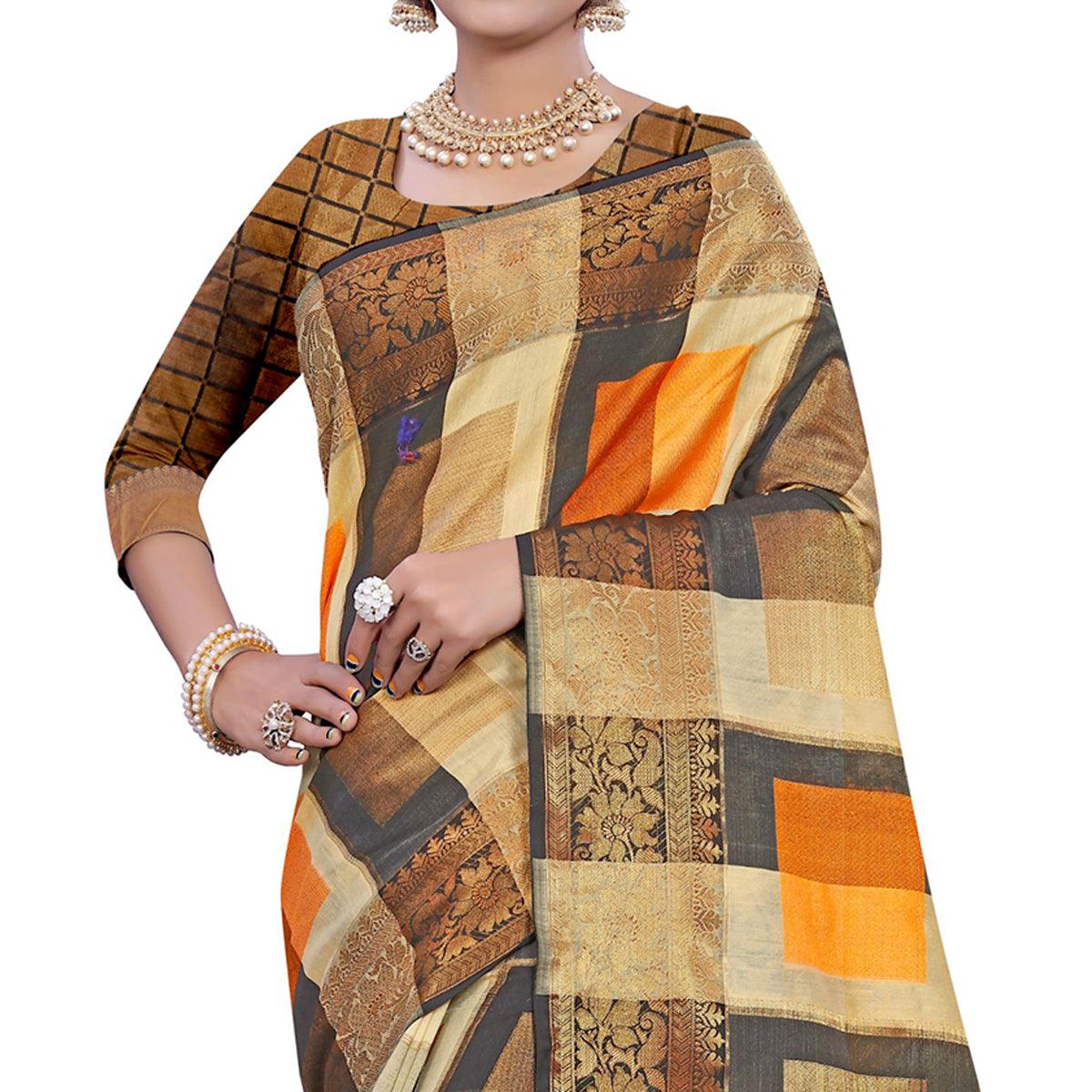 Ethnic Beige-Orange Colored Casual Printed Pure Cotton Jacquard Saree - Peachmode