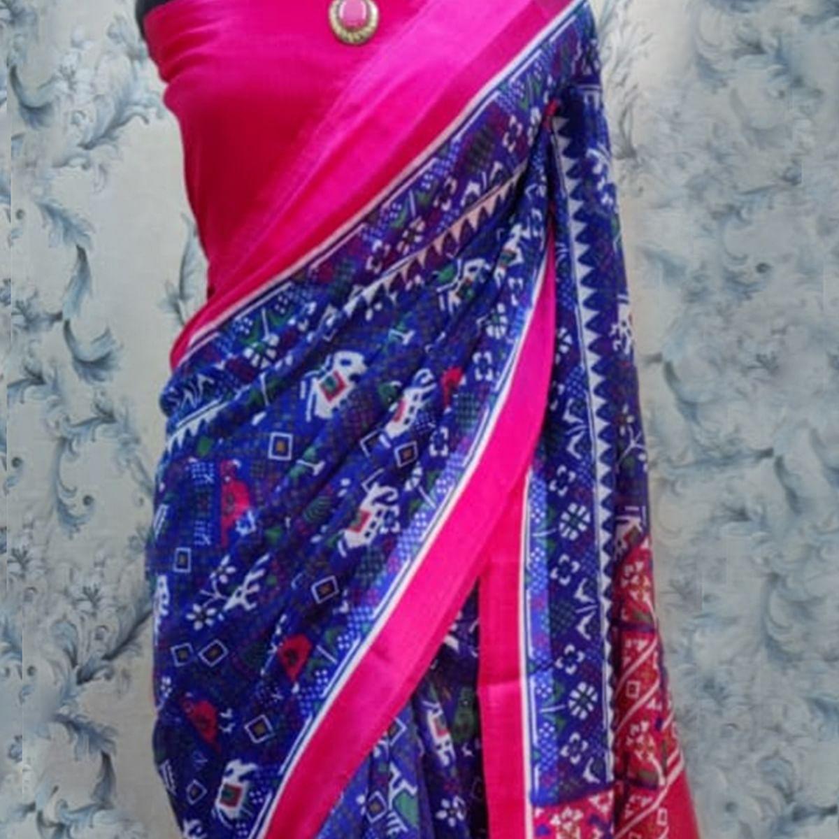 Ethnic Blue Colored Casual Wear Printed Cotton Saree - Peachmode