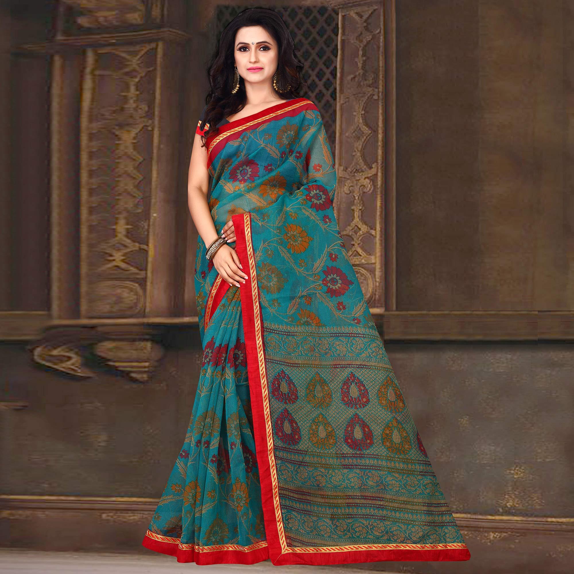 Ethnic Blue Colored Casual Wear Printed Silk Saree - Peachmode
