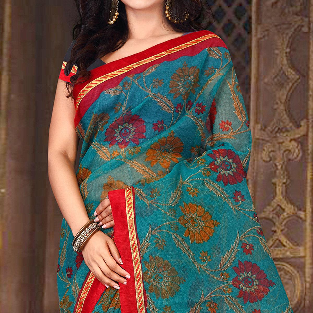 Ethnic Blue Colored Casual Wear Printed Silk Saree - Peachmode