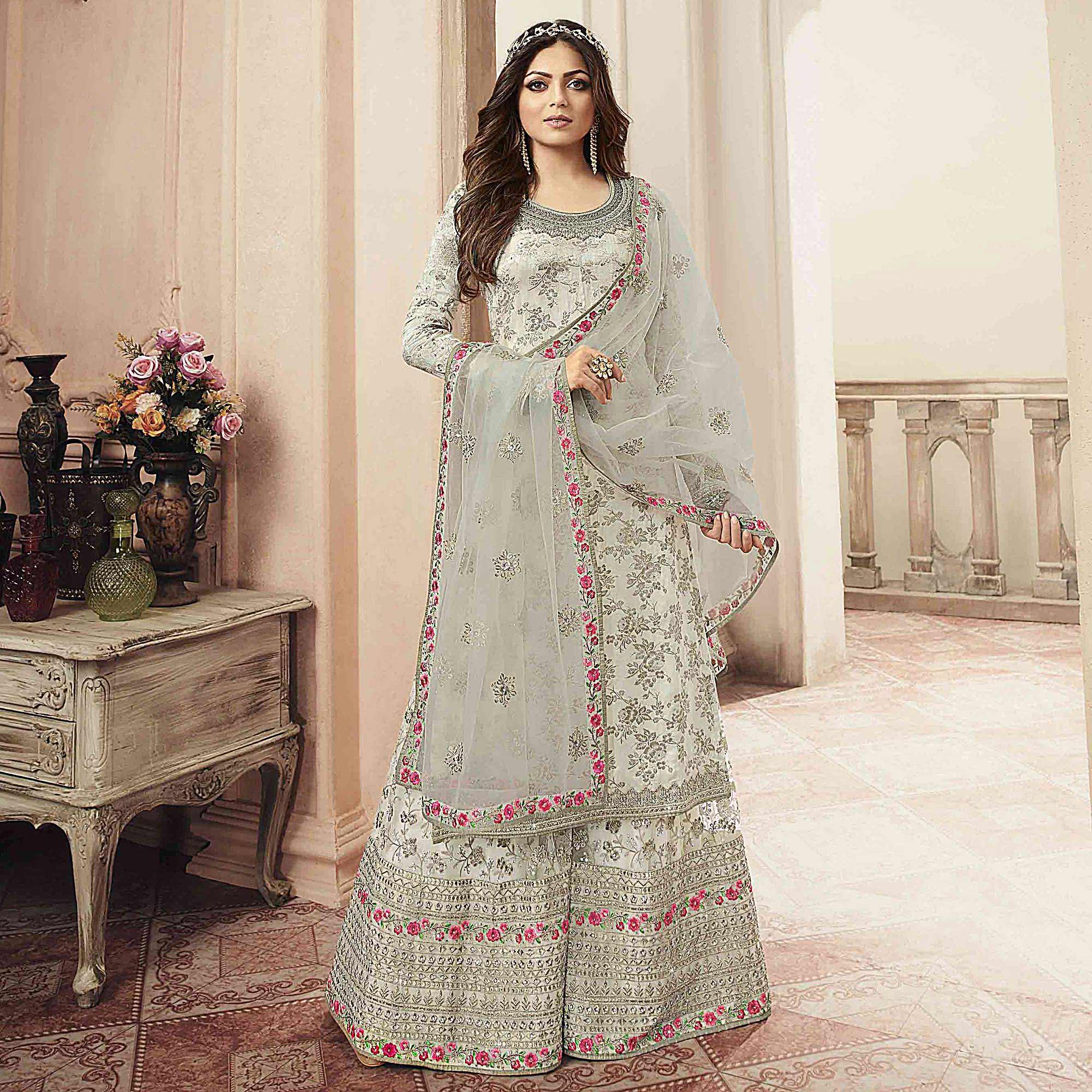 Ethnic Cream Colored designer Partywear Embroidered Dola Jacquard Palazzo Suit - Peachmode