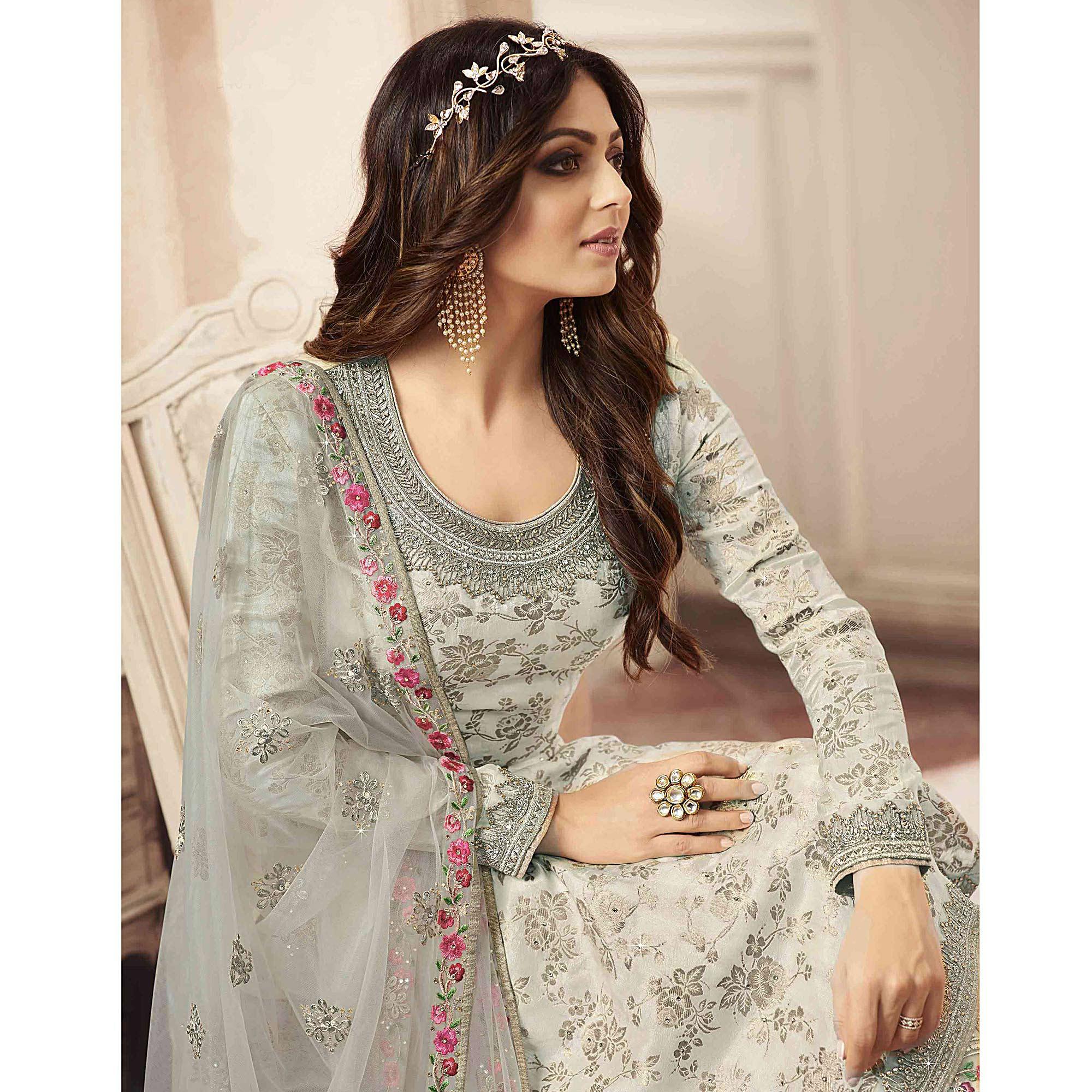 Ethnic Cream Colored designer Partywear Embroidered Dola Jacquard Palazzo Suit - Peachmode