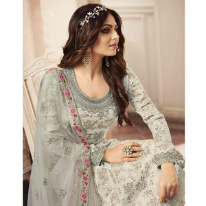 Ethnic Cream Colored designer Partywear Embroidered Dola Jacquard Palazzo Suit - Peachmode