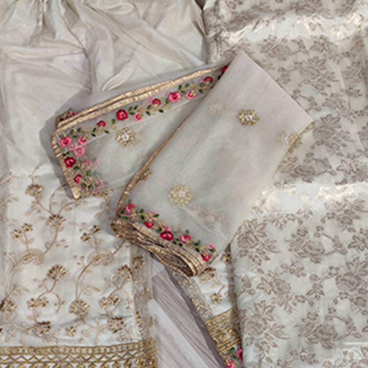 Ethnic Cream Colored designer Partywear Embroidered Dola Jacquard Palazzo Suit - Peachmode