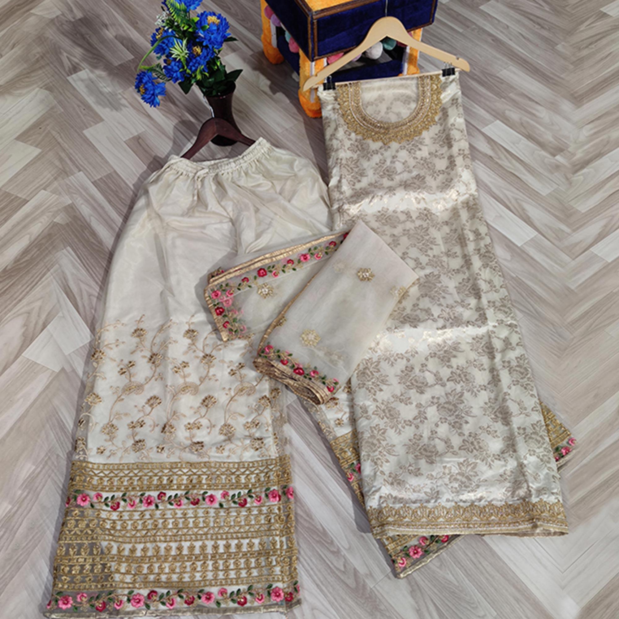 Ethnic Cream Colored designer Partywear Embroidered Dola Jacquard Palazzo Suit - Peachmode