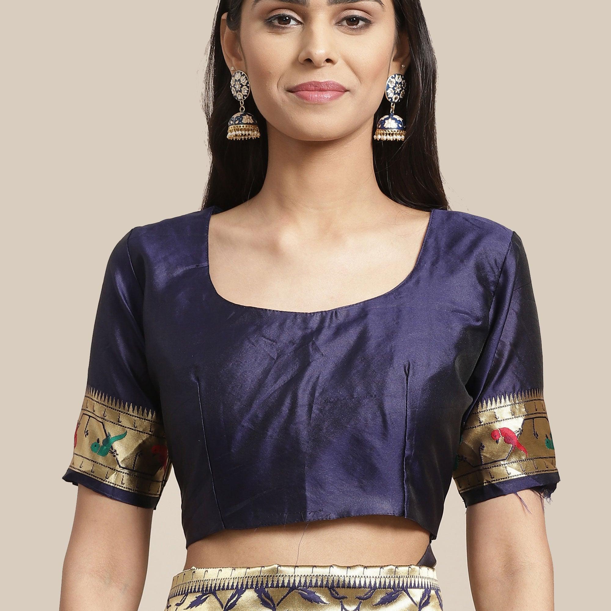 Ethnic Gold-Navy Blue Colored Festive Wear Woven Silk Blend Saree - Peachmode