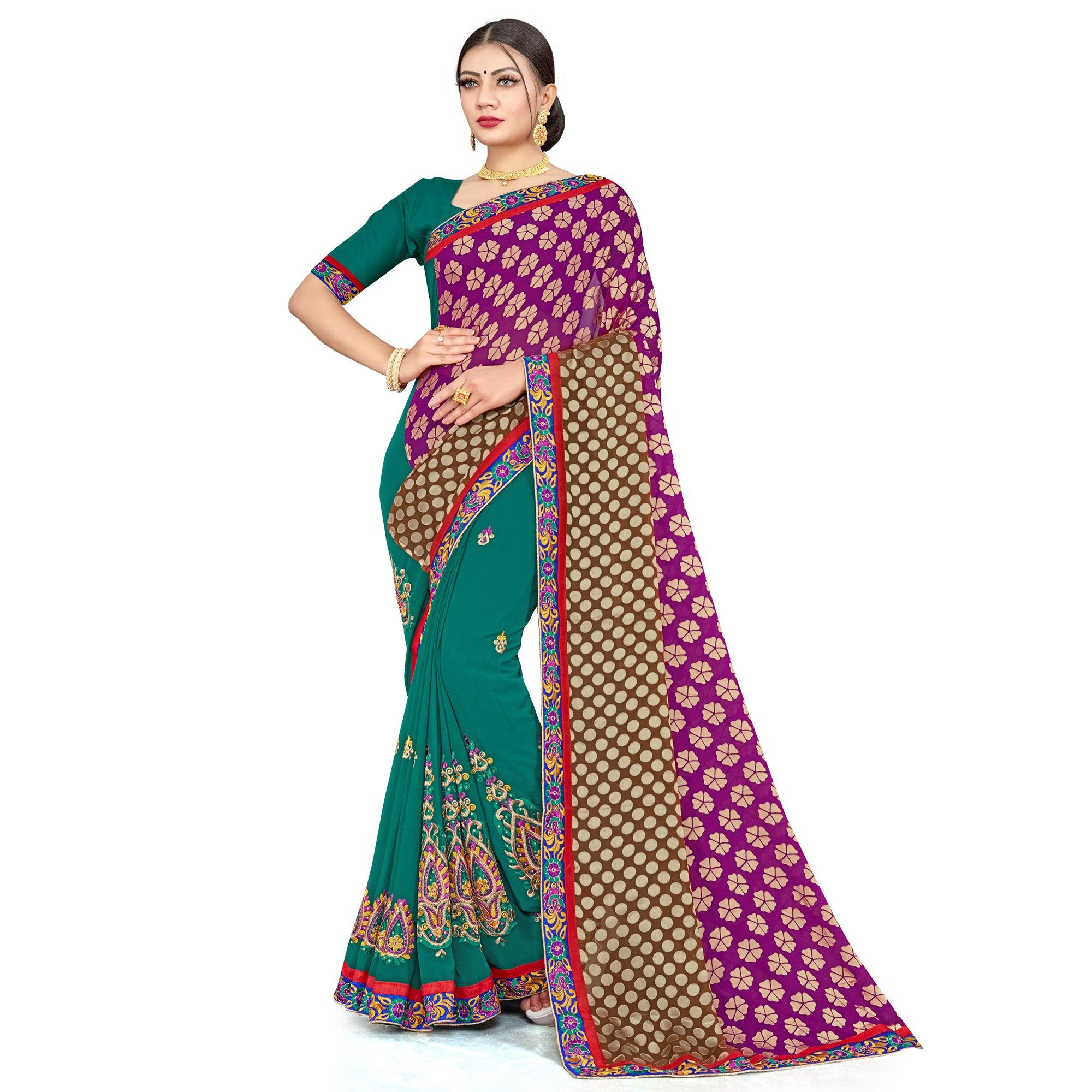 Ethnic Green-Purple Colored Party Wear Embroidered Georgette Half-Half Saree - Peachmode
