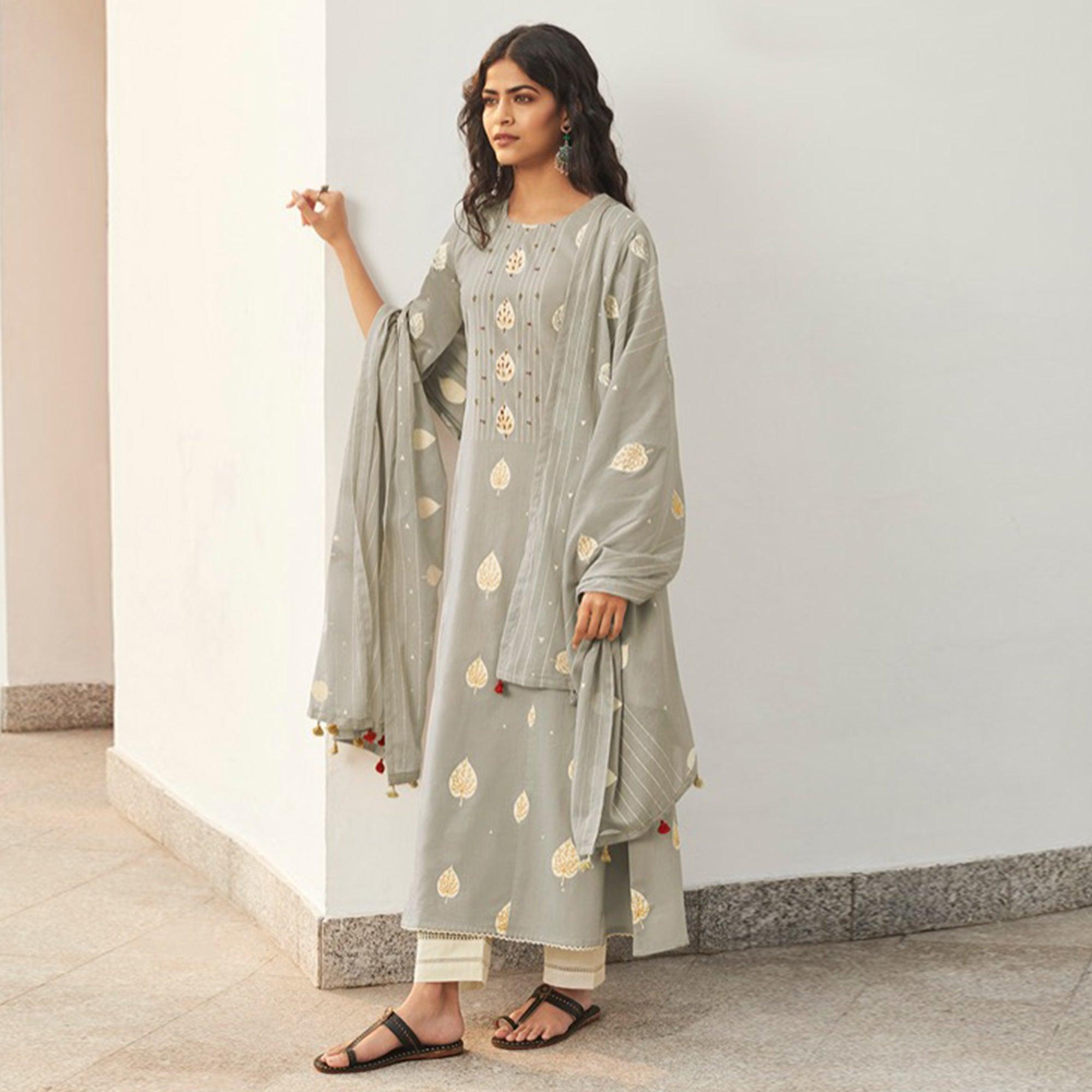 Ethnic Grey Colored Casual Wear Printed Pure Cotton Suit - Peachmode