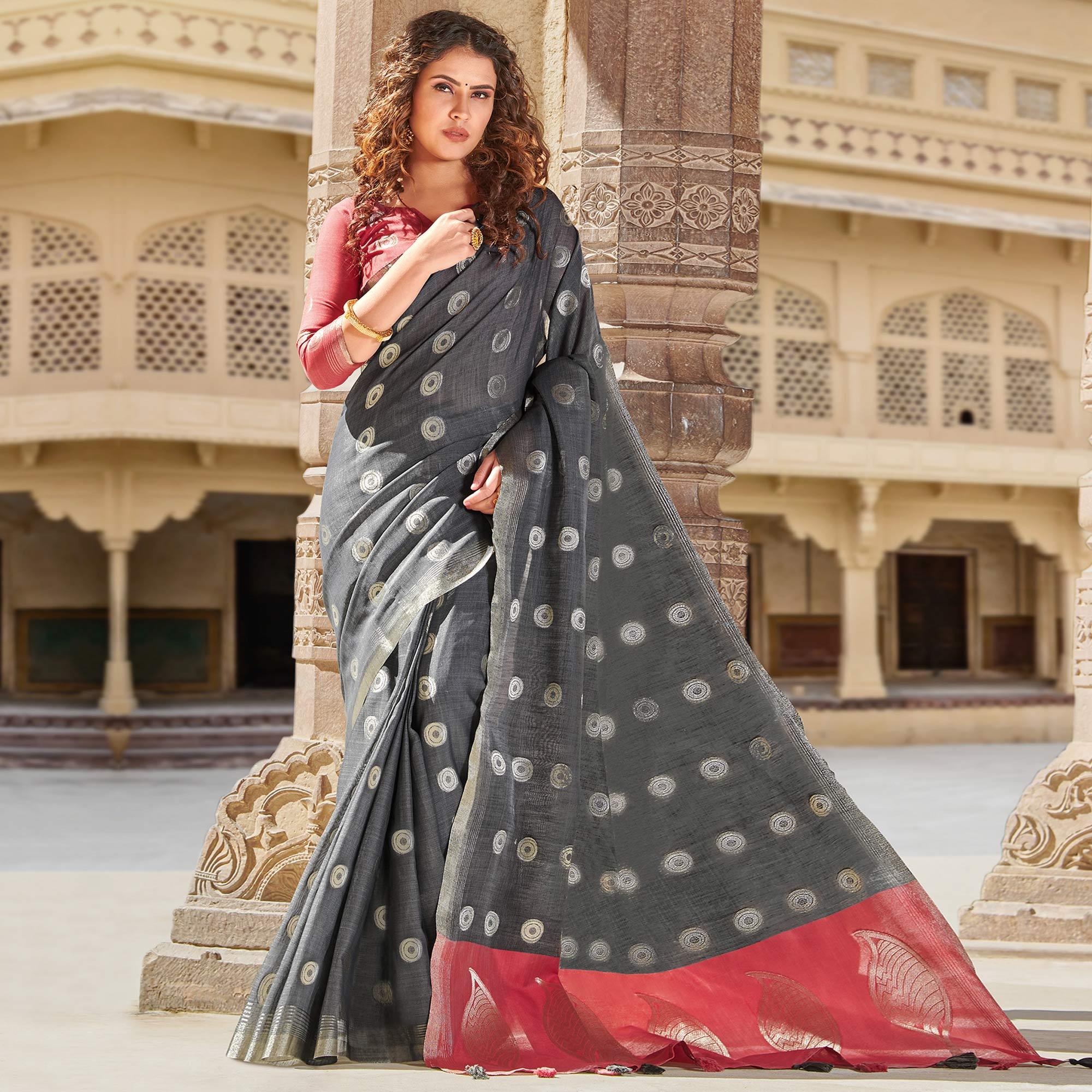 Ethnic Grey Colored Festive Wear Woven Linen Cotton Saree With Tassels - Peachmode
