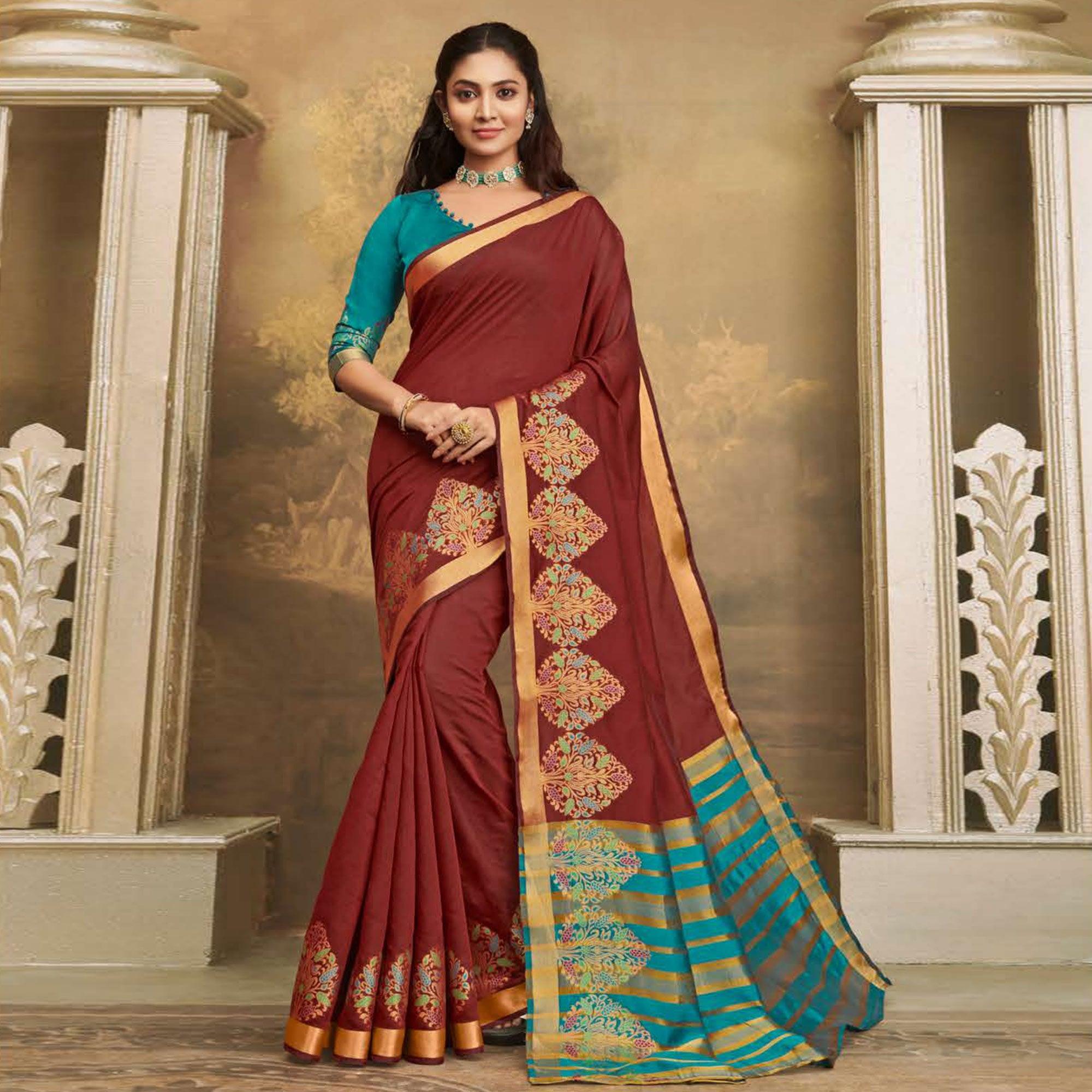 Ethnic Maroon Colored Festive Wear Woven Cotton Handloom Saree - Peachmode