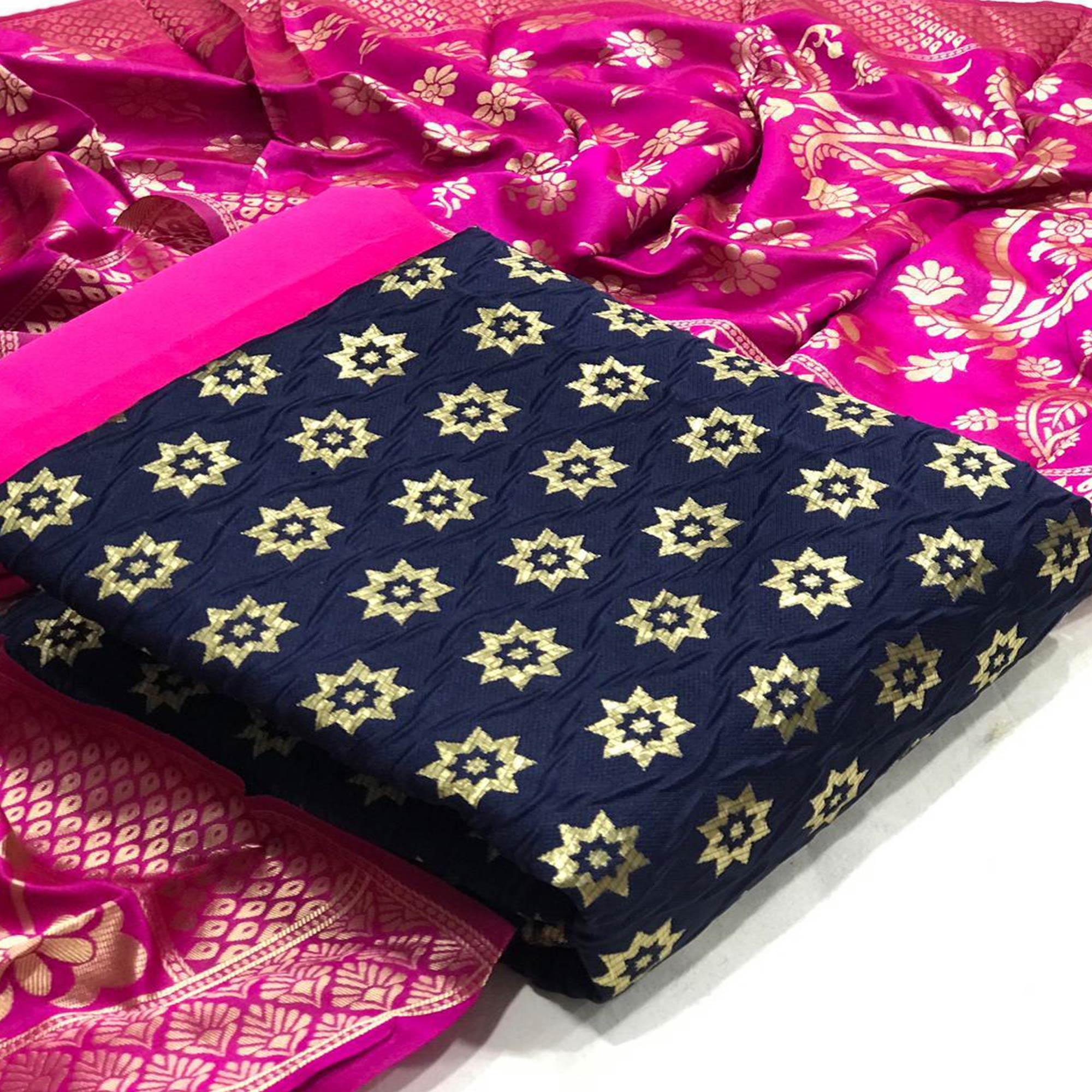 Ethnic Navy Blue Colored Casual Wear Woven Banarasi Silk Dress Material - Peachmode