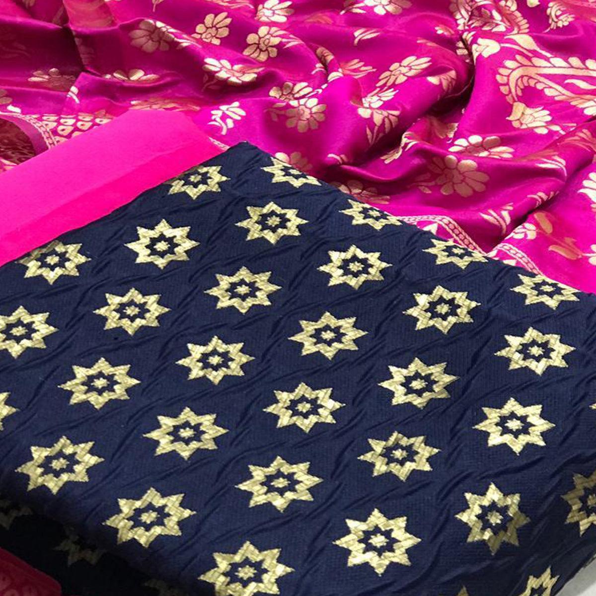 Ethnic Navy Blue Colored Casual Wear Woven Banarasi Silk Dress Material - Peachmode