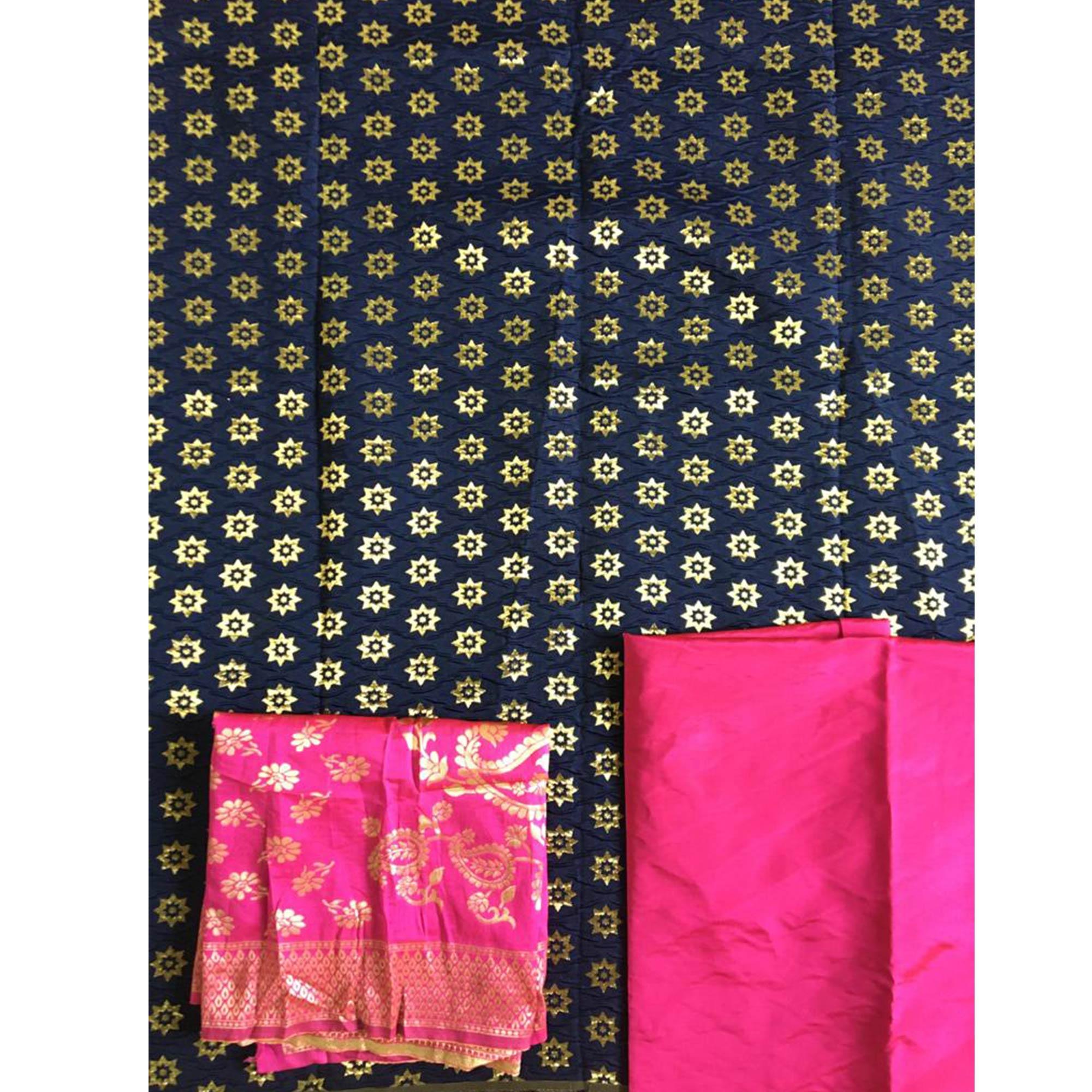 Ethnic Navy Blue Colored Casual Wear Woven Banarasi Silk Dress Material - Peachmode