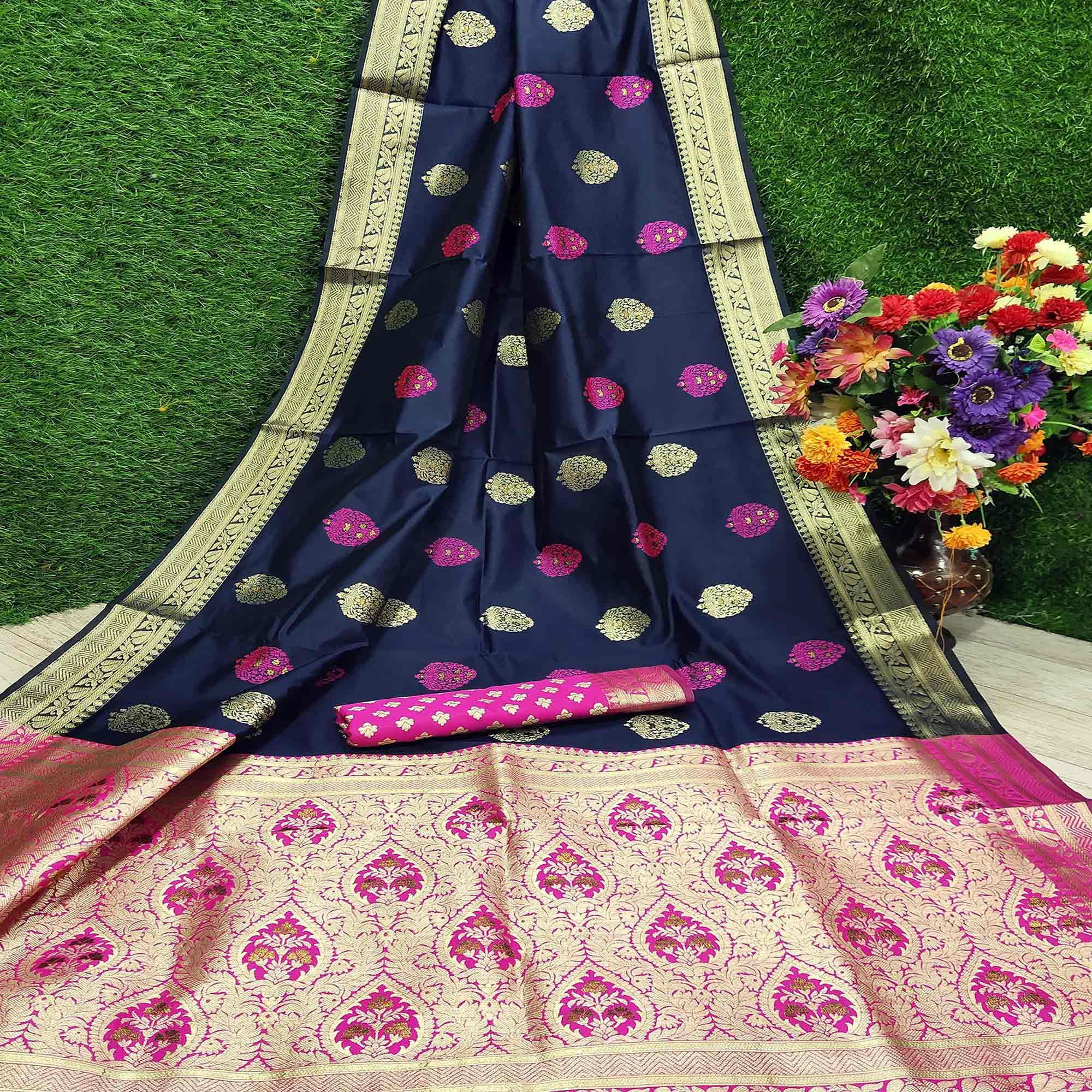 Ethnic Navy Blue Colored Festive Wear Woven Banarasi Silk Saree - Peachmode