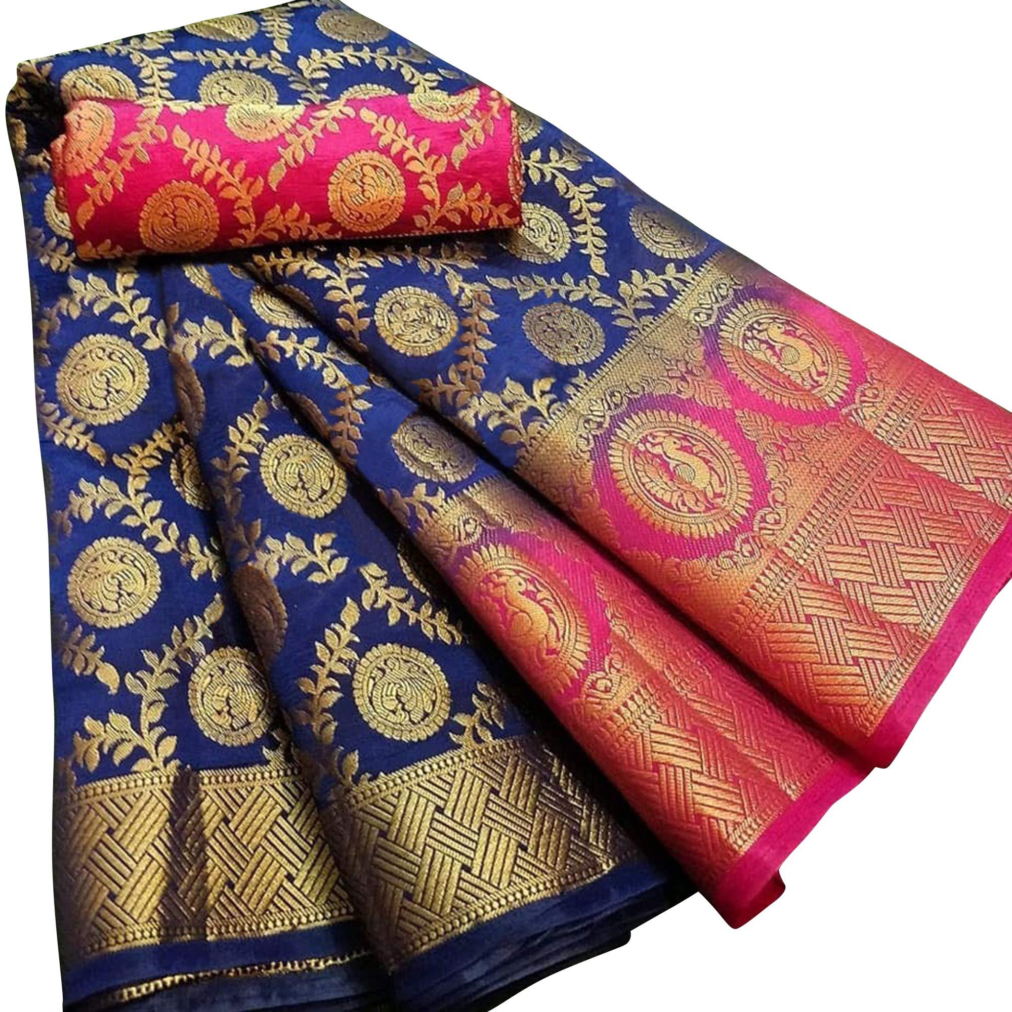 Ethnic Navy Blue Colored Festive Wear Woven Silk Blend Saree - Peachmode