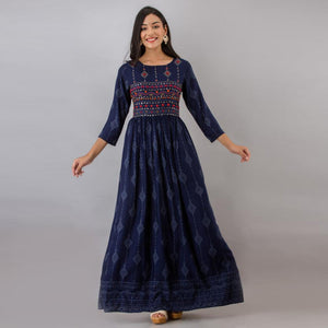 Ethnic Navy Blue Colored Partywear Embroidered Muslin Long Kurti - Peachmode