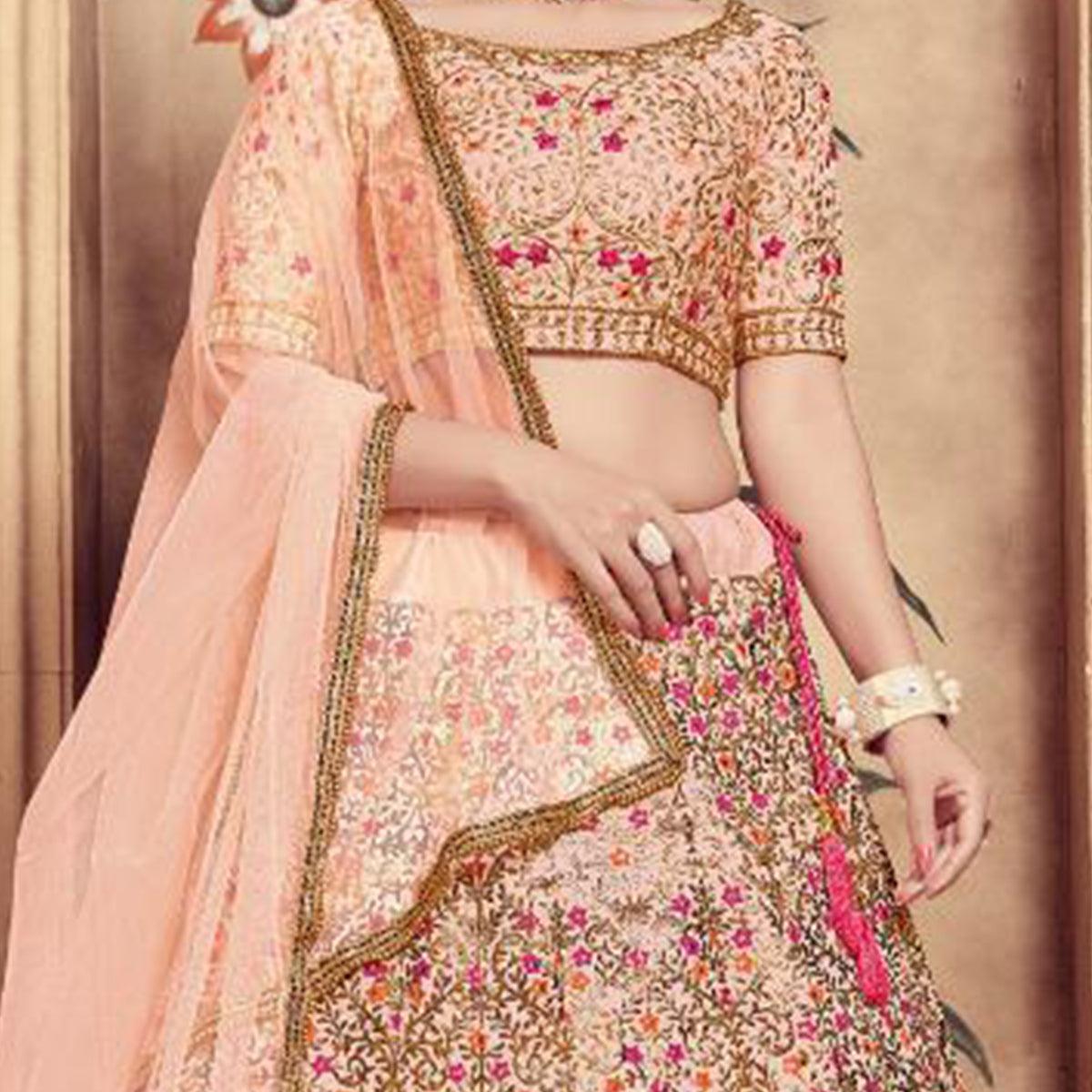 Ethnic Peach Colored Party Wear Embroidered Silk Lehenga Choli - Peachmode
