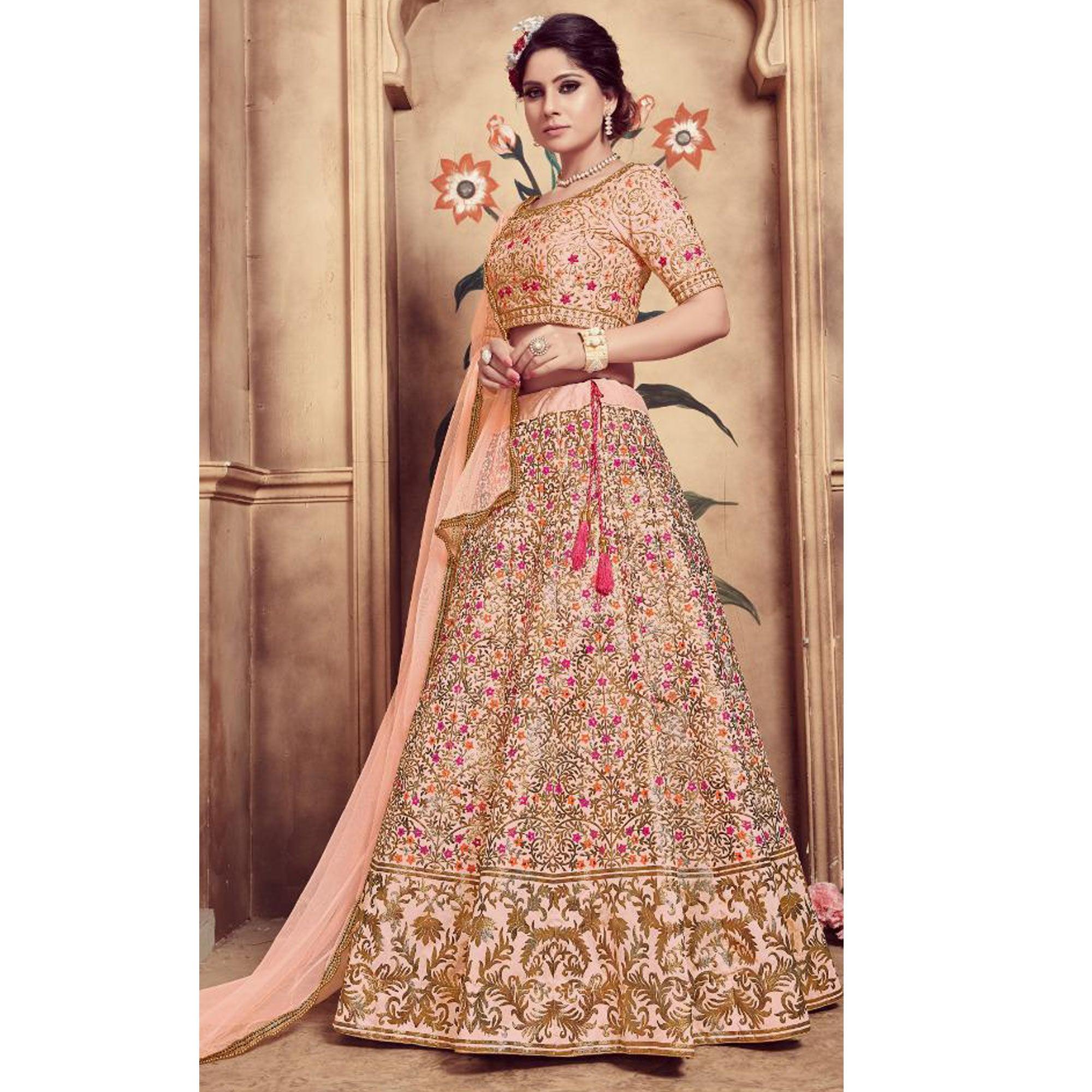 Ethnic Peach Colored Party Wear Embroidered Silk Lehenga Choli - Peachmode