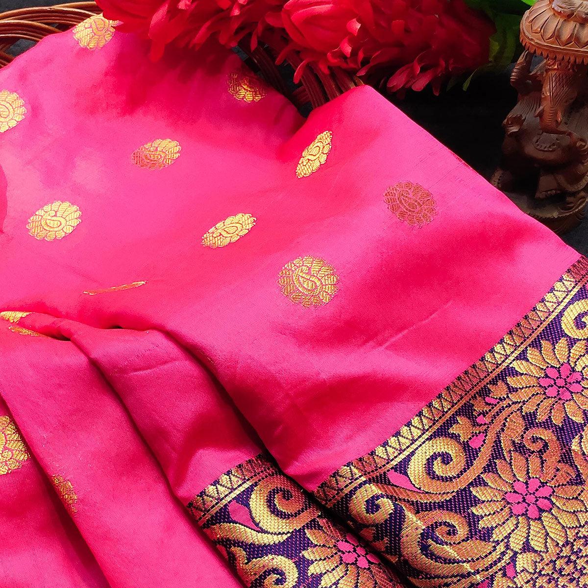 Ethnic Pink Colored Festive Wear Woven Kanjivaram Silk Saree - Peachmode