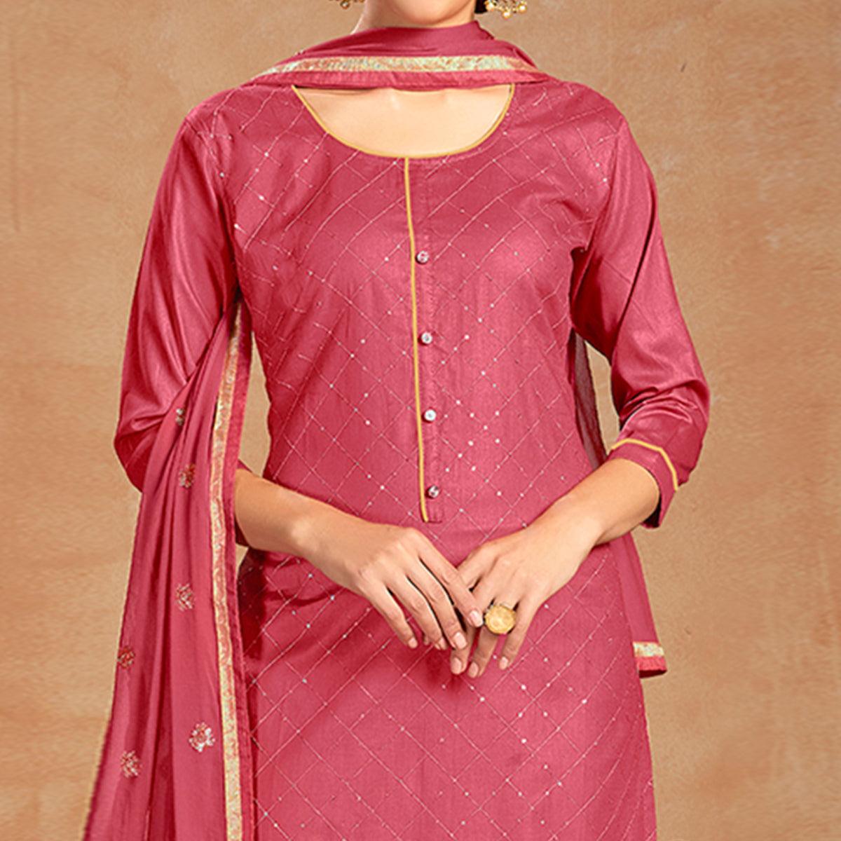 Ethnic Pink Colored Partywear Embroidered Pure Cotton Dress Material - Peachmode