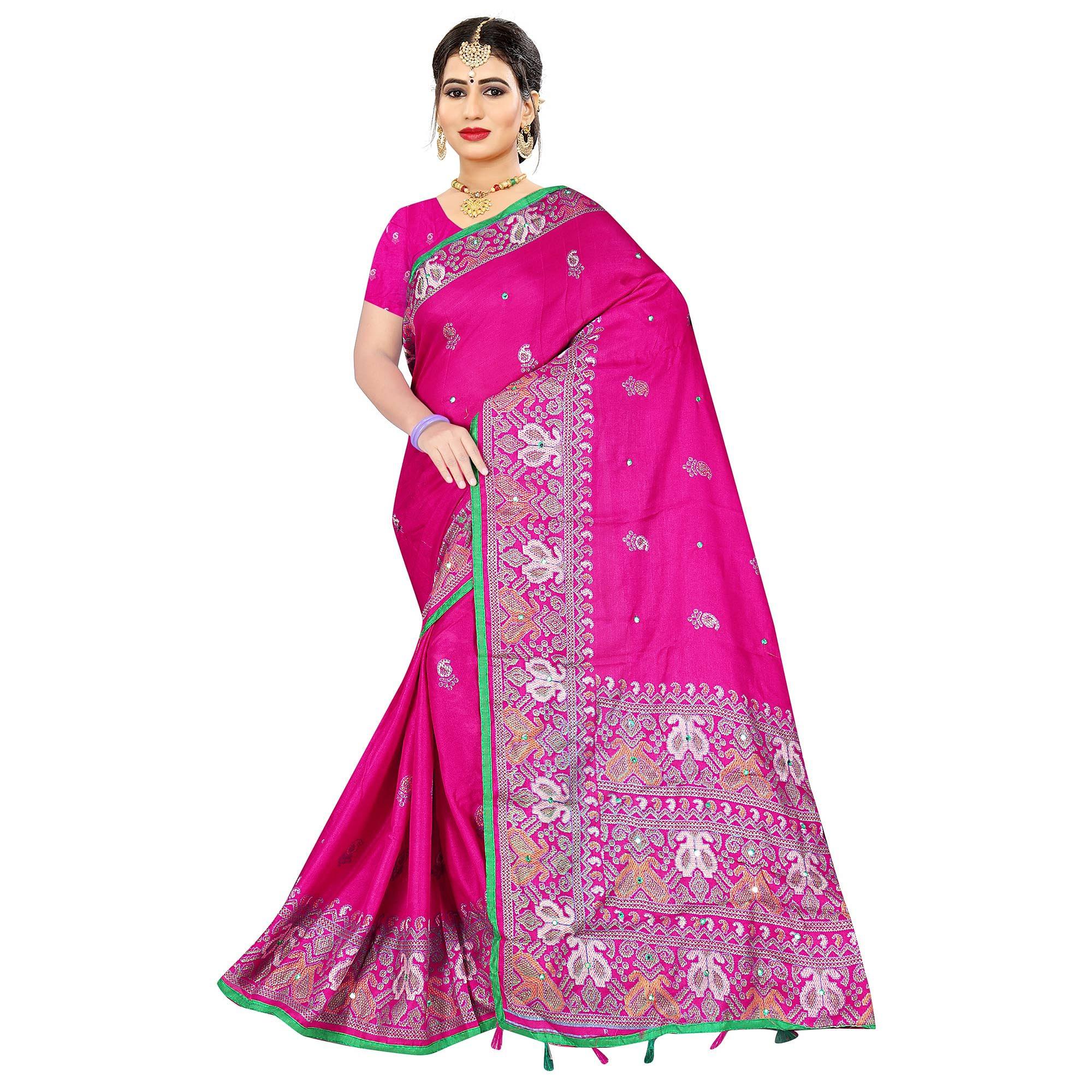 Ethnic Pink Coloured Casual Wear Printed Cotton Jute Saree - Peachmode