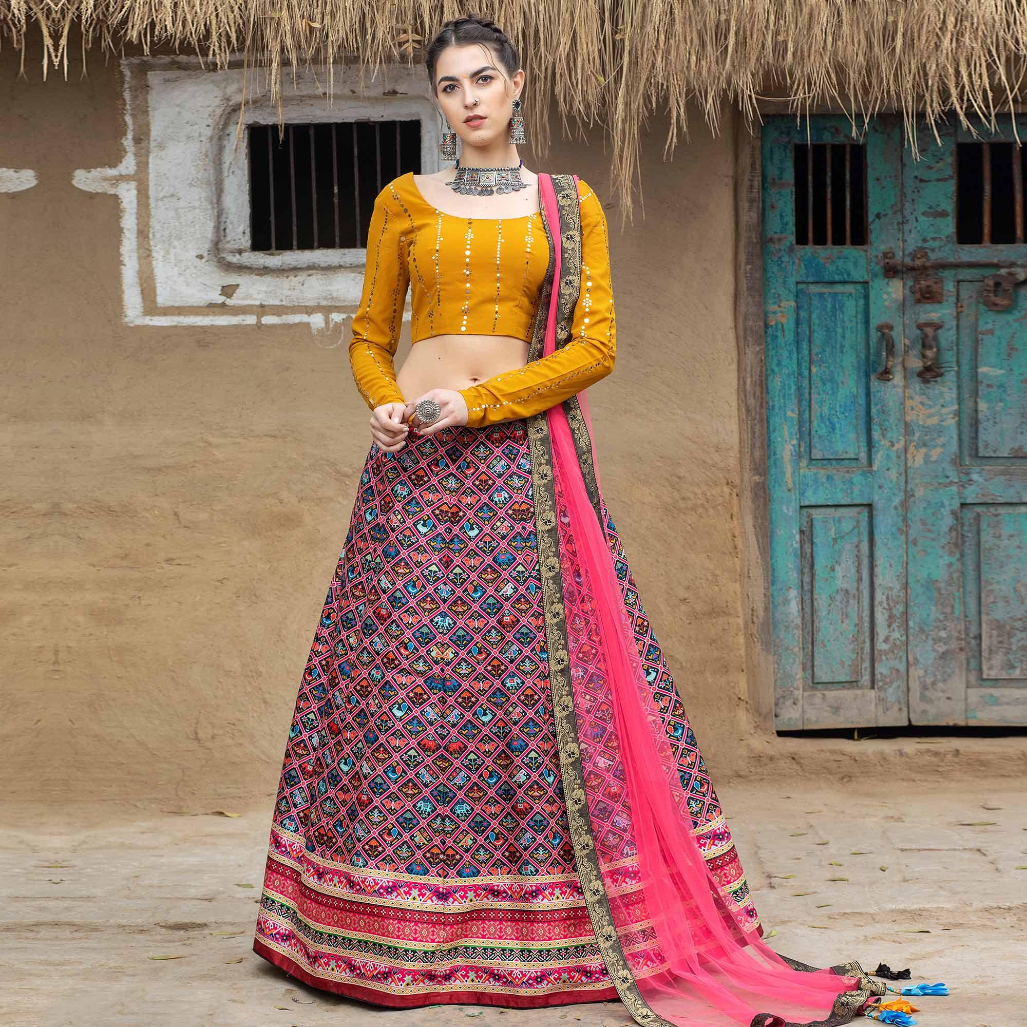 Ethnic Pink Coloured Partywear Printed Art Silk Lehenga Choli - Peachmode