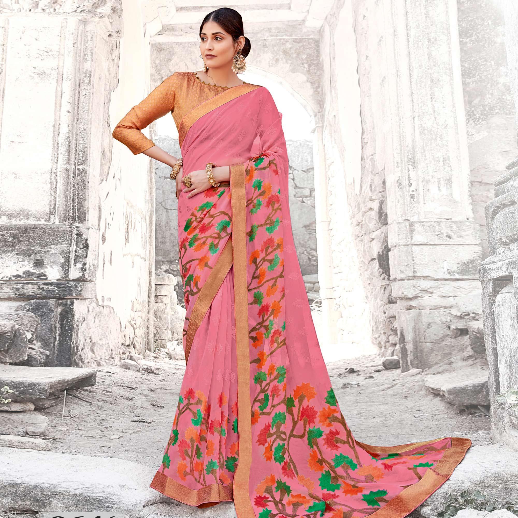 Ethnic Pink Coloured Partywear Printed Brasso Saree - Peachmode