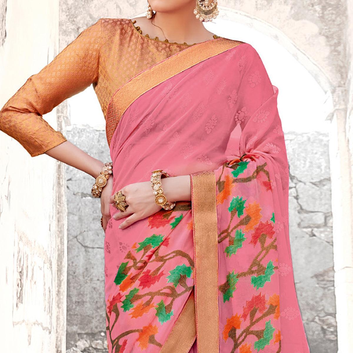 Ethnic Pink Coloured Partywear Printed Brasso Saree - Peachmode